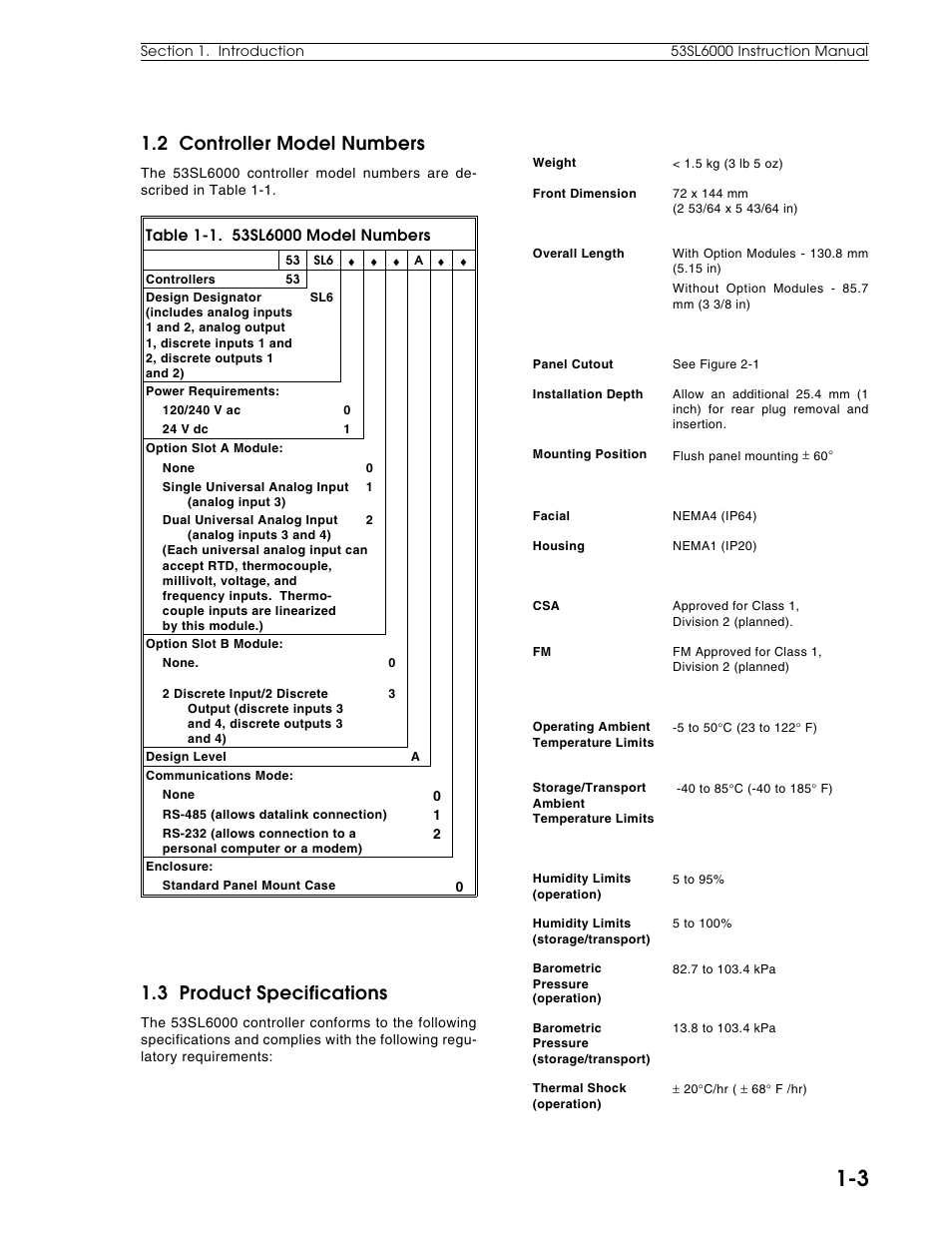 2 controller model numbers, 3 product specifications | Micromod Micro-DCI: 53SL6000 Single Loop Controller User Manual | Page 15 / 138