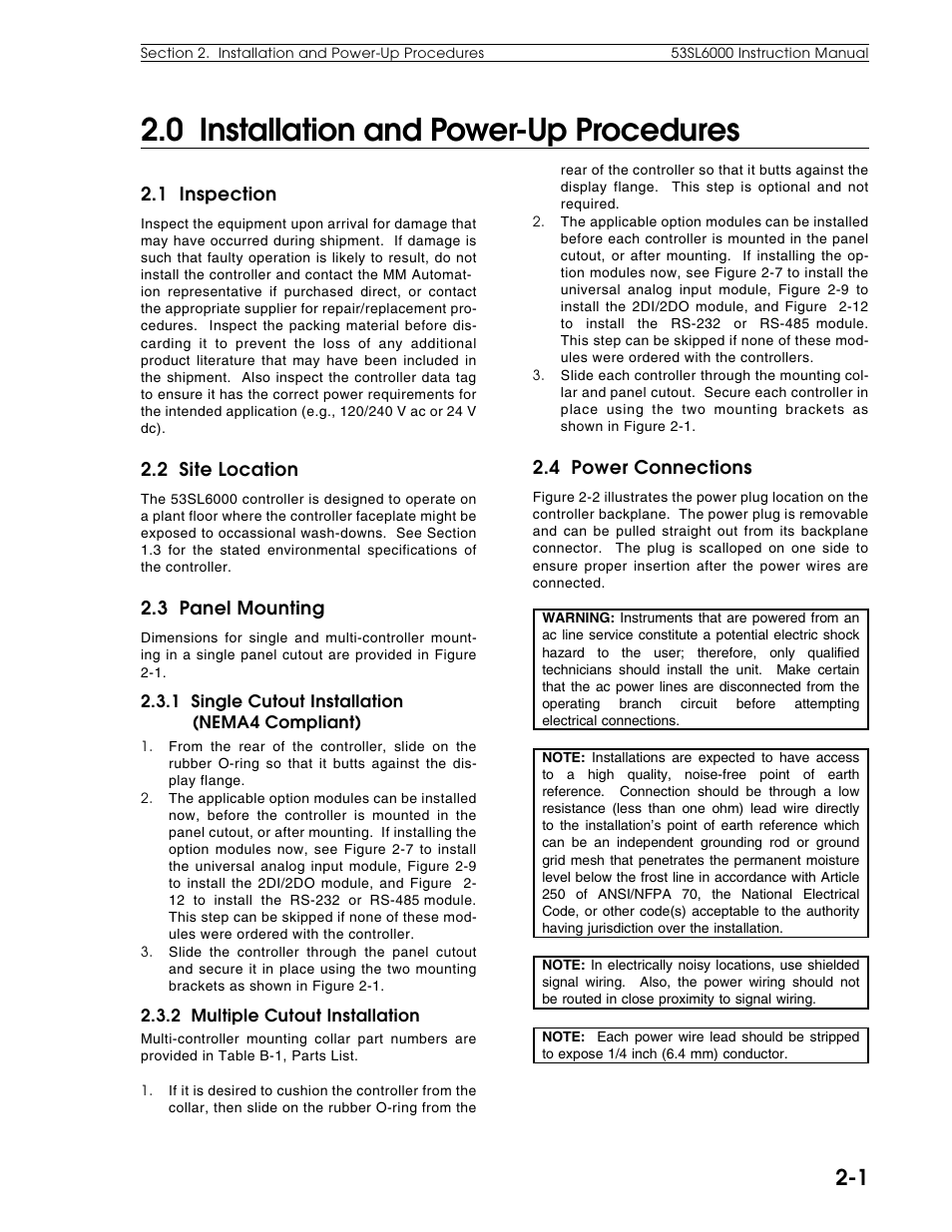 0 installation & power-up procedures, 1 inspection, 2 site location | 3 panel mounting, 4 power connections, 0 installation and power-up procedures | Micromod Micro-DCI: 53SL6000 Single Loop Controller User Manual | Page 20 / 138