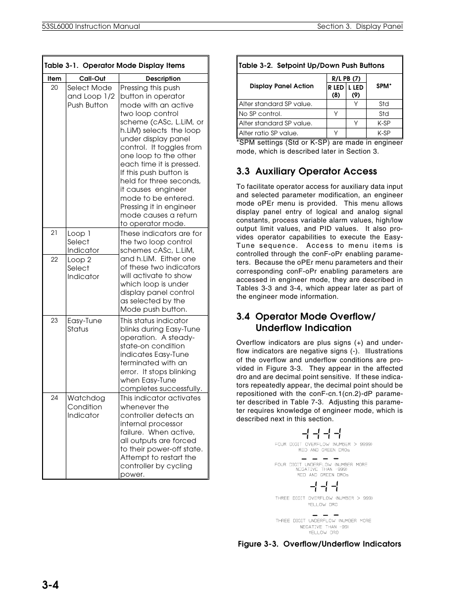 3 auxiliary operator access, 4 operator mode overflow/underflow indication, 4 operator mode overflow/ underflow indication | Micromod Micro-DCI: 53SL6000 Single Loop Controller User Manual | Page 31 / 138