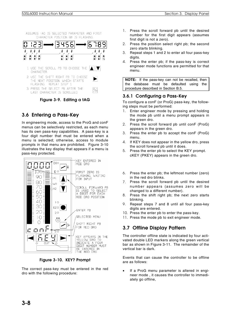 6 entering a pass-key, 7 offline display pattern | Micromod Micro-DCI: 53SL6000 Single Loop Controller User Manual | Page 35 / 138