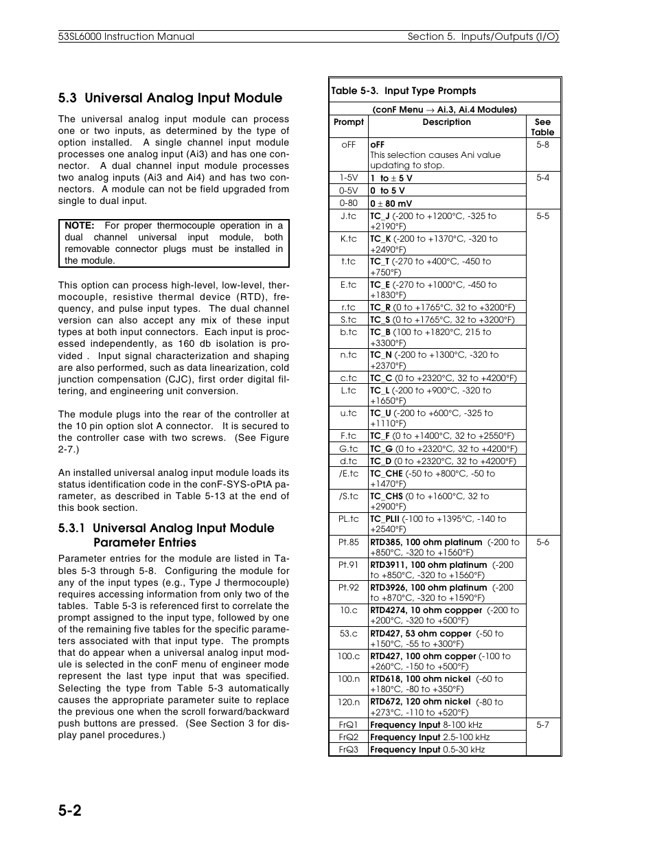 3 universal analog input module, 1 universal analog input module parameter entries | Micromod Micro-DCI: 53SL6000 Single Loop Controller User Manual | Page 46 / 138