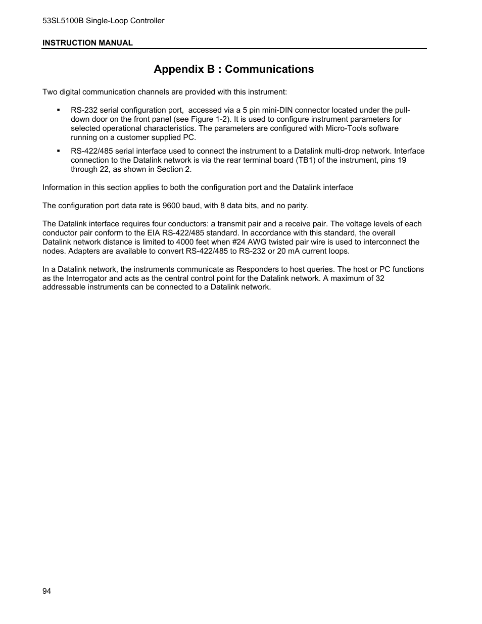 Appendix b : communications | Micromod Micro-DCI: 53SL5100B Single Loop Controller User Manual | Page 100 / 115