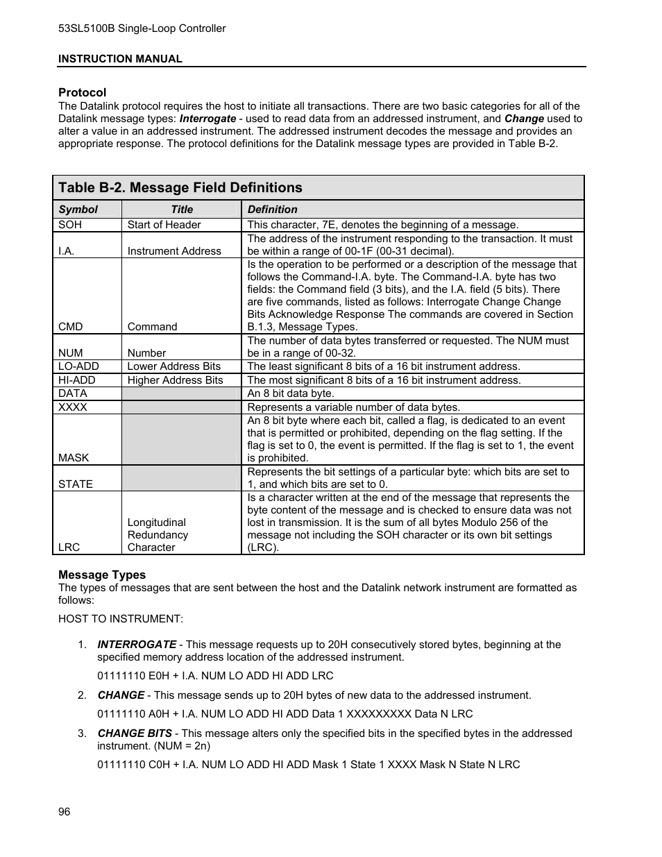 Table b-2. message field definitions | Micromod Micro-DCI: 53SL5100B Single Loop Controller User Manual | Page 102 / 115