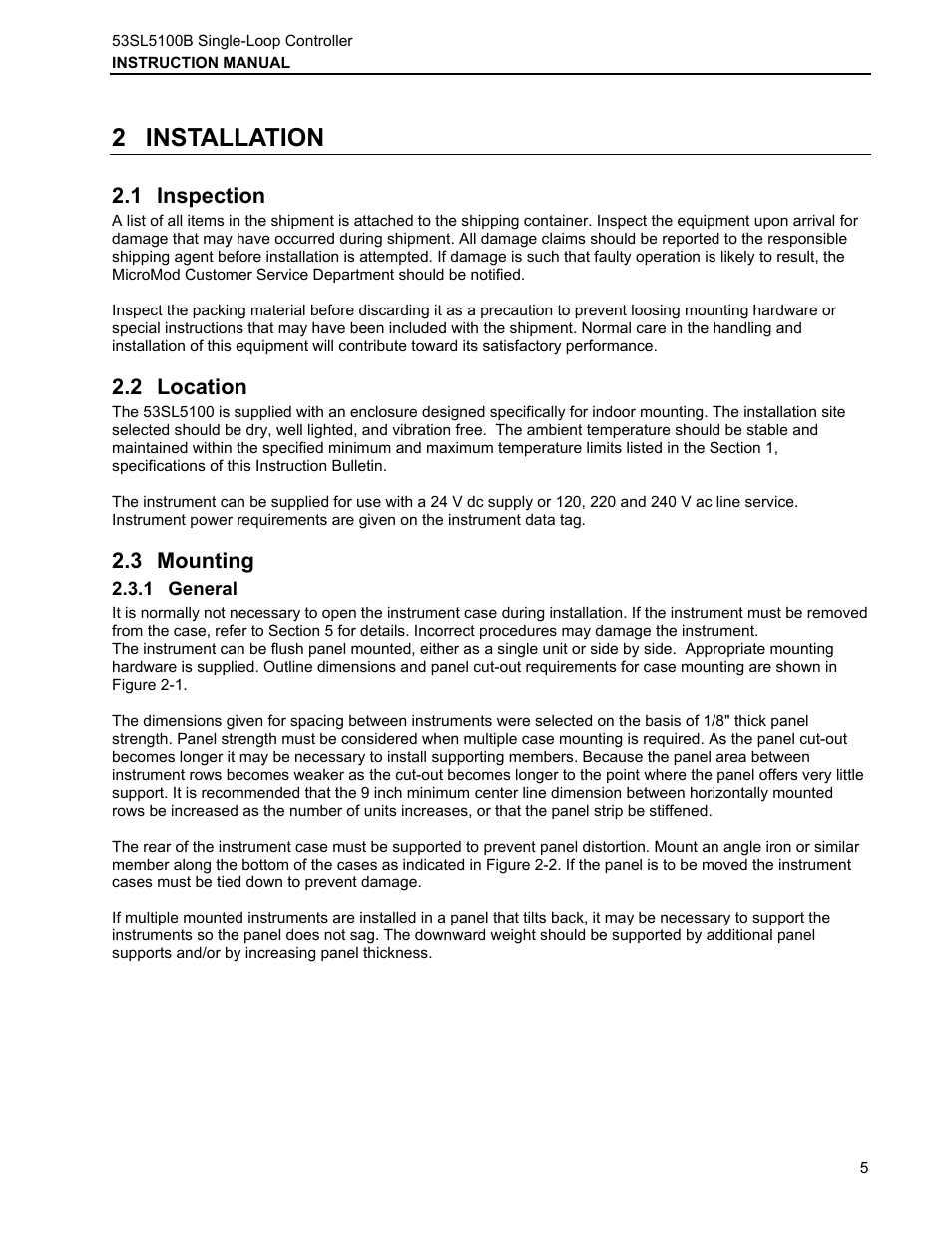 2 installation, 1 inspection, 2 location | 3 mounting, 1 general, Installation, Nspection, Ocation, Ounting, General | Micromod Micro-DCI: 53SL5100B Single Loop Controller User Manual | Page 11 / 115