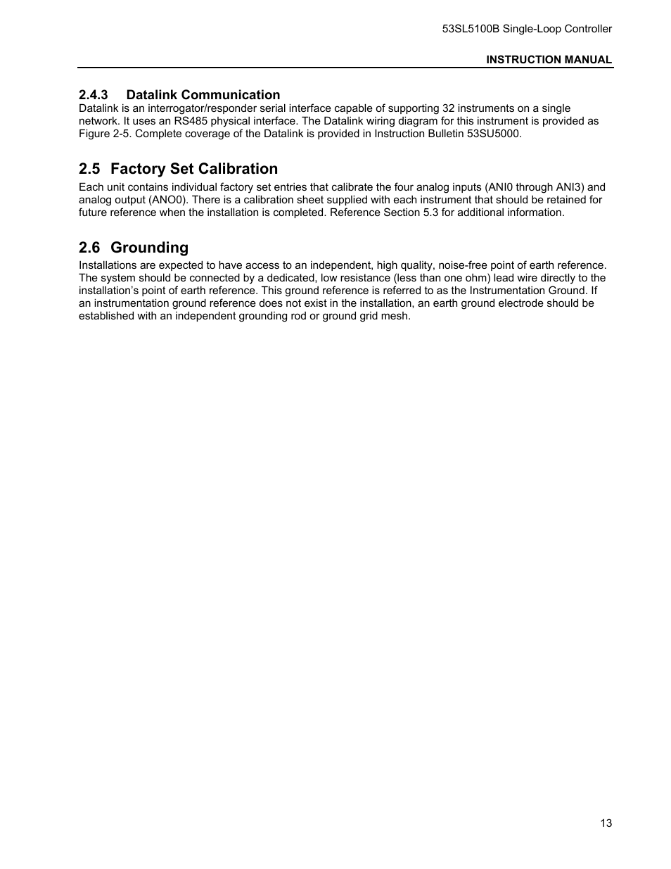 3 datalink communication, 5 factory set calibration, 6 grounding | Datalink communication, Actory, Alibration, Rounding | Micromod Micro-DCI: 53SL5100B Single Loop Controller User Manual | Page 19 / 115