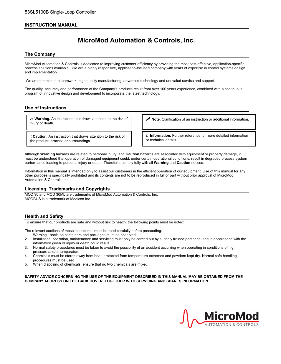 Micromod automation & controls, inc | Micromod Micro-DCI: 53SL5100B Single Loop Controller User Manual | Page 2 / 115