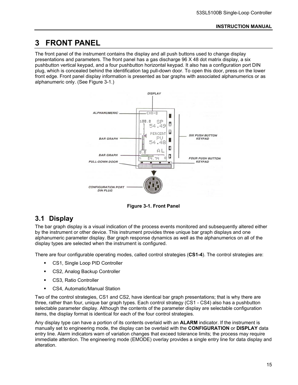 3 front panel, 1 display, Front panel | Isplay | Micromod Micro-DCI: 53SL5100B Single Loop Controller User Manual | Page 21 / 115