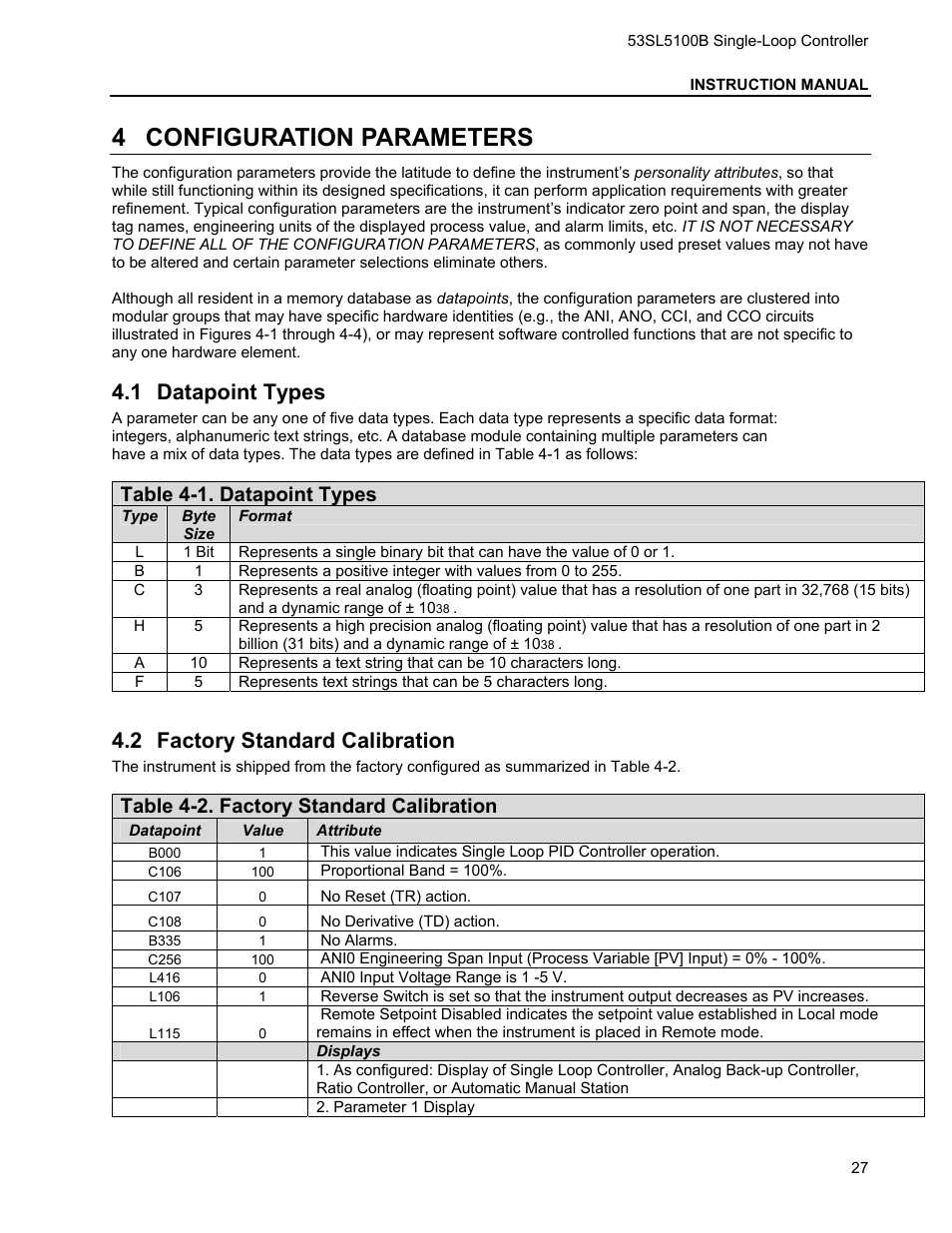 4 configuration parameters, 1 datapoint types, 2 factory standard calibration | Configuration parameters, Atapoint, Ypes, Actory, Tandard, Alibration, Table 4-1. datapoint types | Micromod Micro-DCI: 53SL5100B Single Loop Controller User Manual | Page 33 / 115