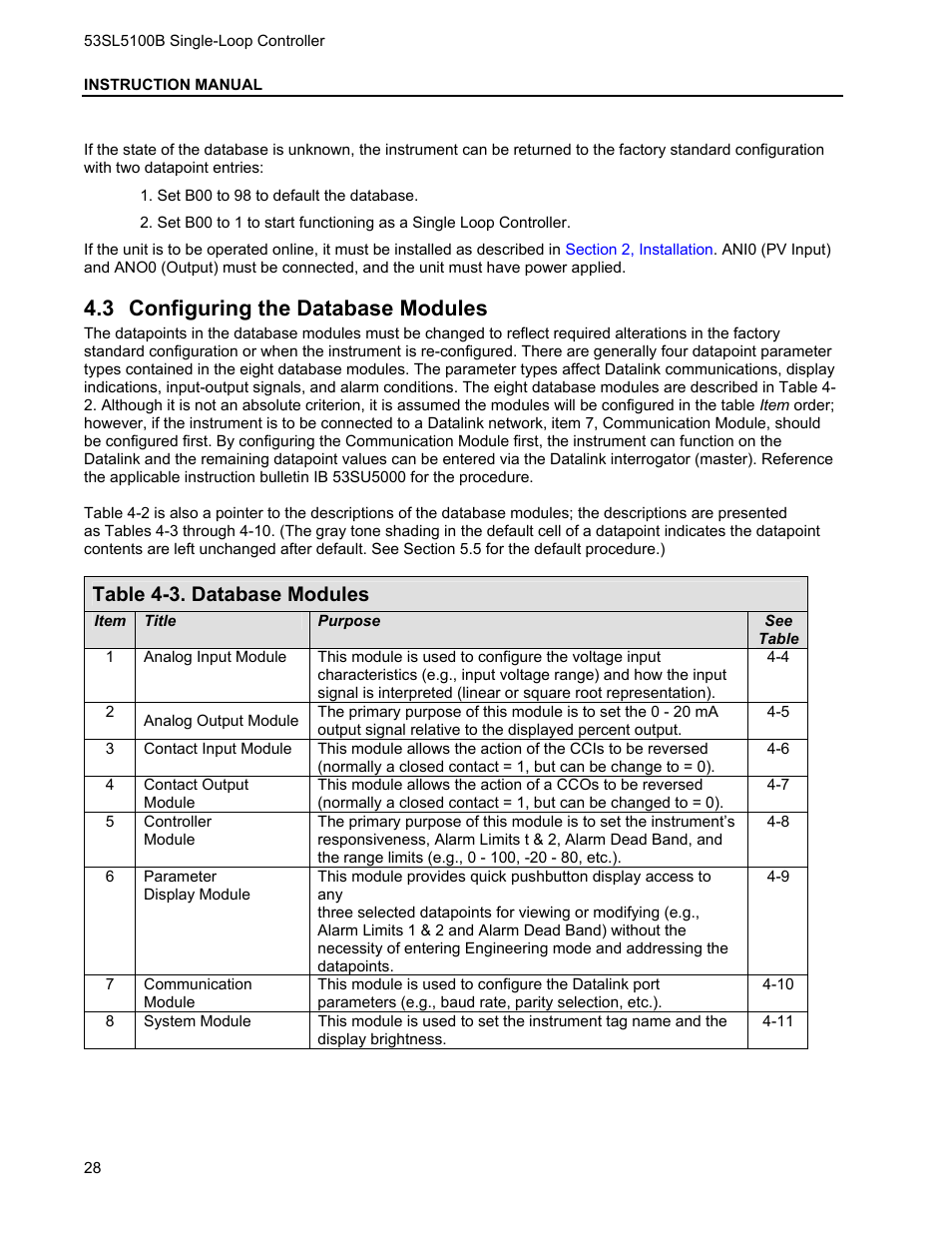 3 configuring the database modules, Onfiguring the, Atabase | Odules, Table 4-3. database modules | Micromod Micro-DCI: 53SL5100B Single Loop Controller User Manual | Page 34 / 115