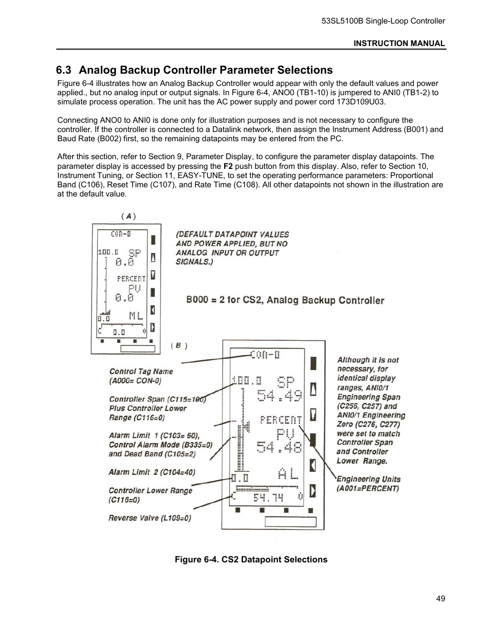 3 analog backup controller parameter selections, Nalog, Ackup | Ontroller, Arameter, Elections | Micromod Micro-DCI: 53SL5100B Single Loop Controller User Manual | Page 55 / 115