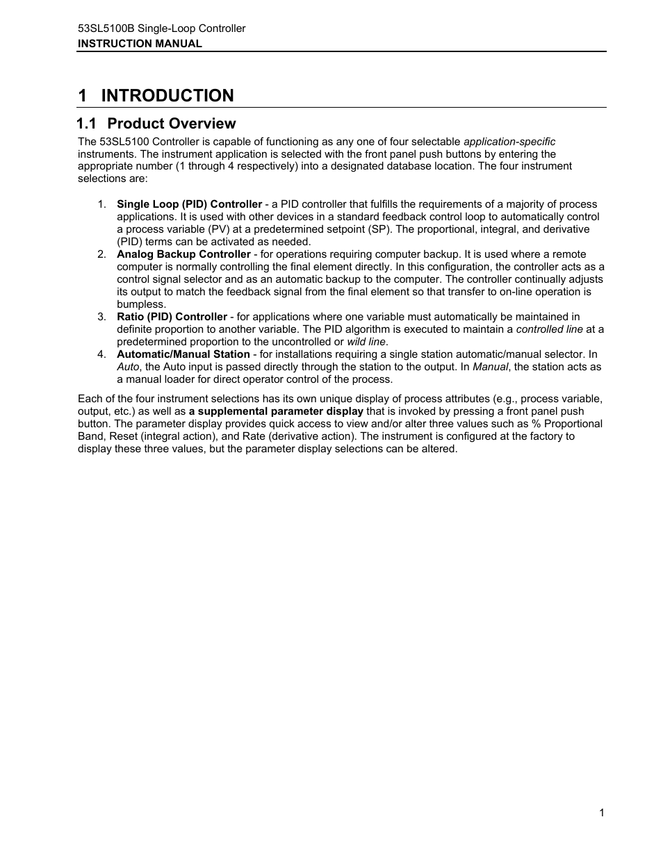 1 introduction, 1 product overview, Introduction | Roduct, Verview | Micromod Micro-DCI: 53SL5100B Single Loop Controller User Manual | Page 7 / 115