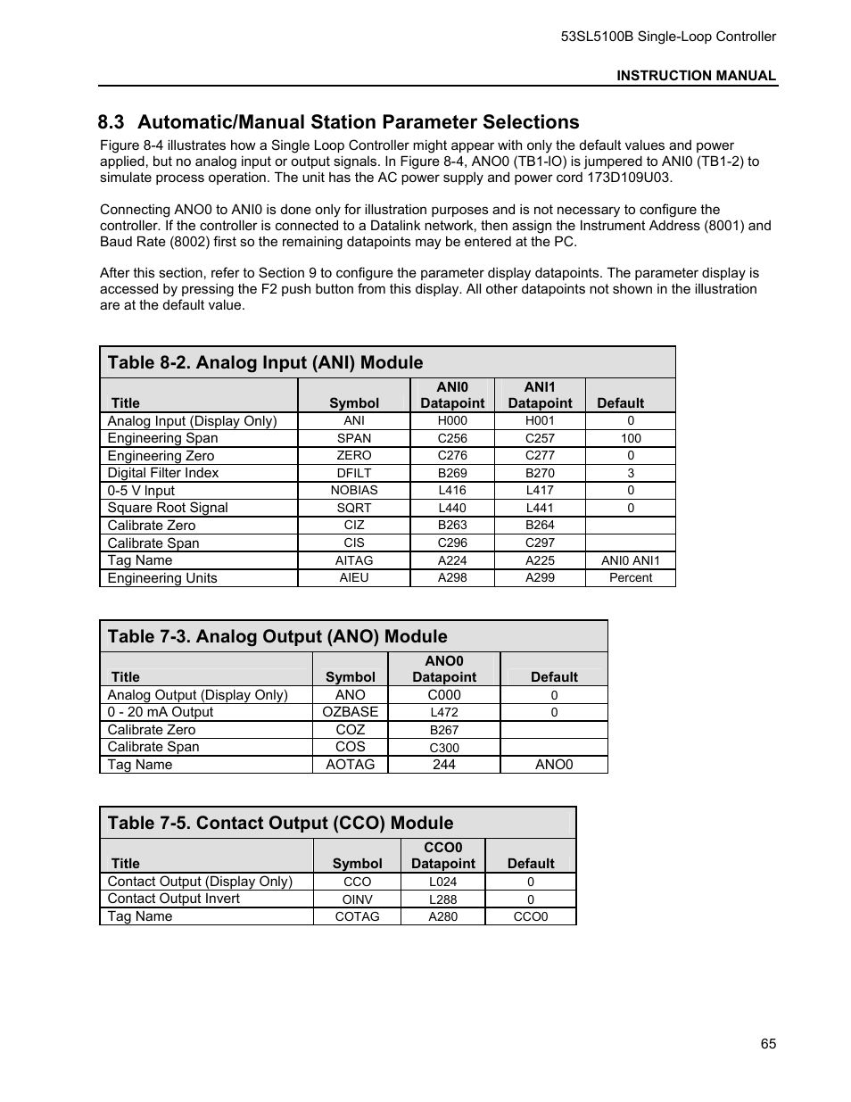 3 automatic/manual station parameter selections, Utomatic, Anual | Tation, Arameter, Elections, Table 8-2. analog input (ani) module, Table 7-3. analog output (ano) module, Table 7-5. contact output (cco) module | Micromod Micro-DCI: 53SL5100B Single Loop Controller User Manual | Page 71 / 115
