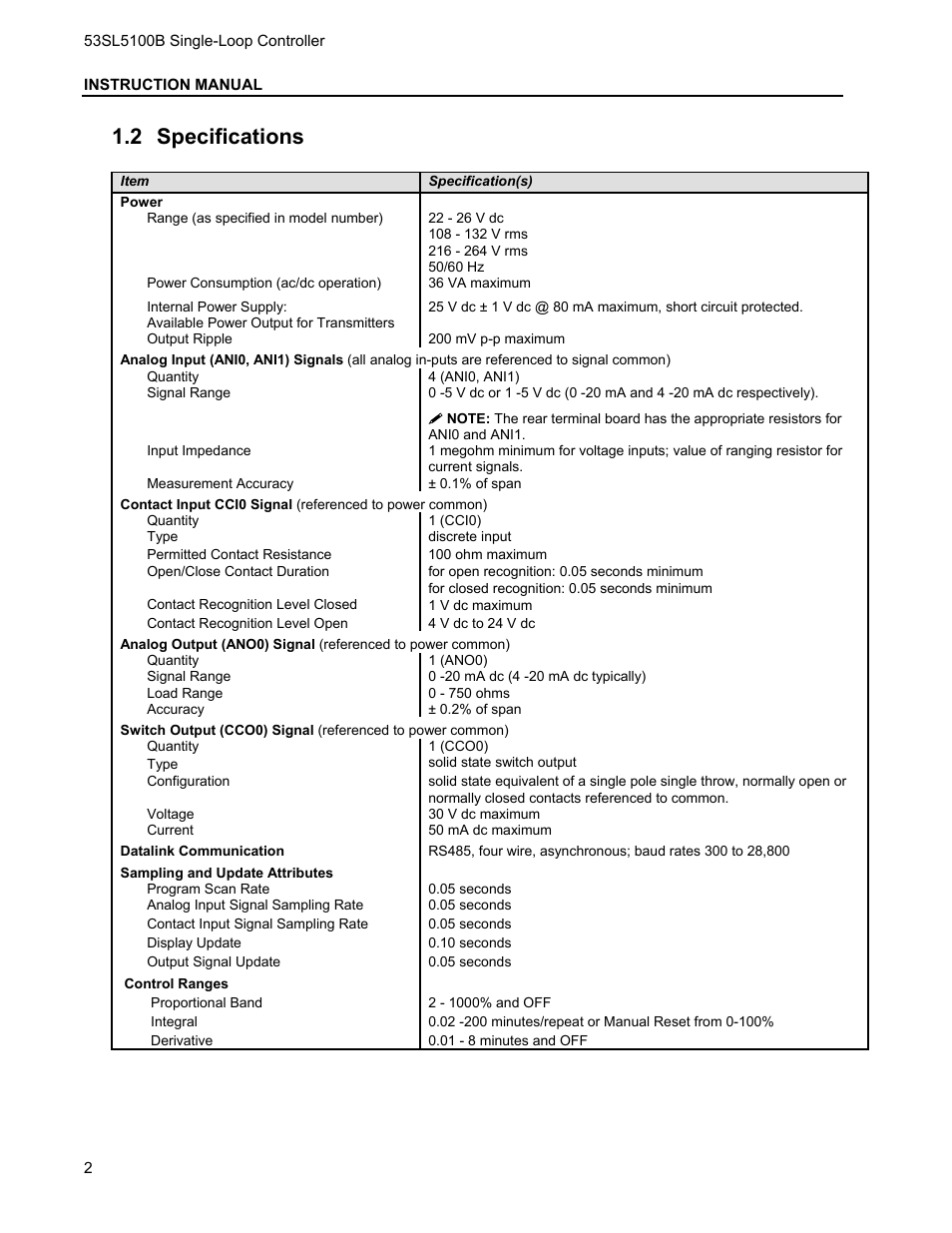 2 specifications, Pecifications | Micromod Micro-DCI: 53SL5100B Single Loop Controller User Manual | Page 8 / 115