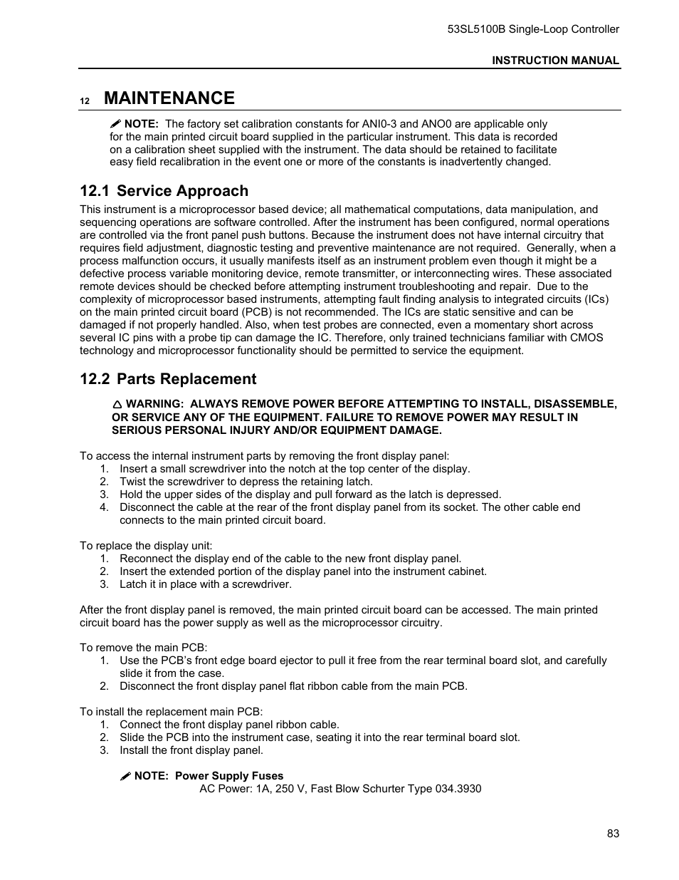 12 maintenance, 1 service approach, 2 parts replacement | Maintenance, Ervice, Pproach, Arts, Eplacement | Micromod Micro-DCI: 53SL5100B Single Loop Controller User Manual | Page 89 / 115