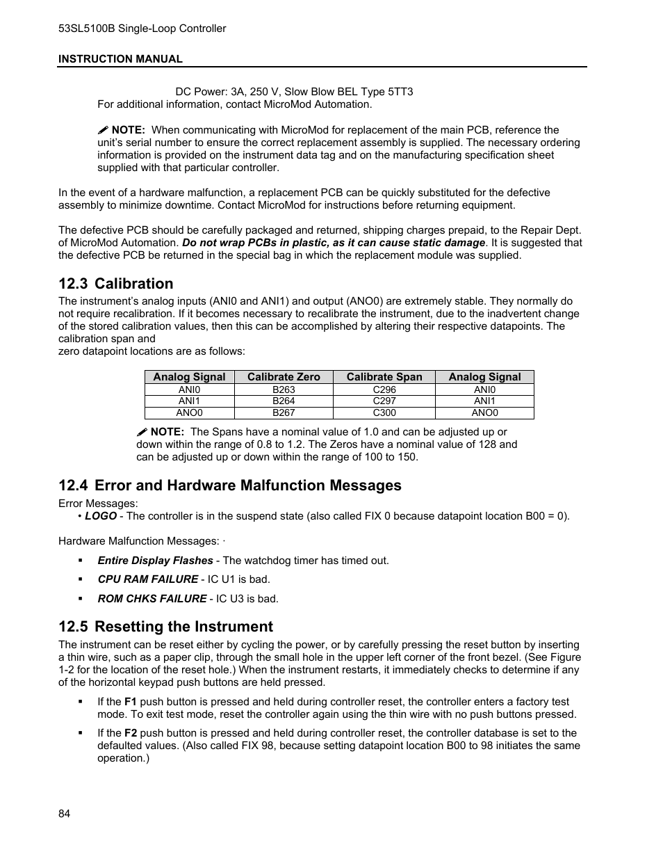 3 calibration, 4 error and hardware malfunction messages, 5 resetting the instrument | Alibration, Rror and, Ardware, Alfunction, Essages, Esetting the, Nstrument | Micromod Micro-DCI: 53SL5100B Single Loop Controller User Manual | Page 90 / 115