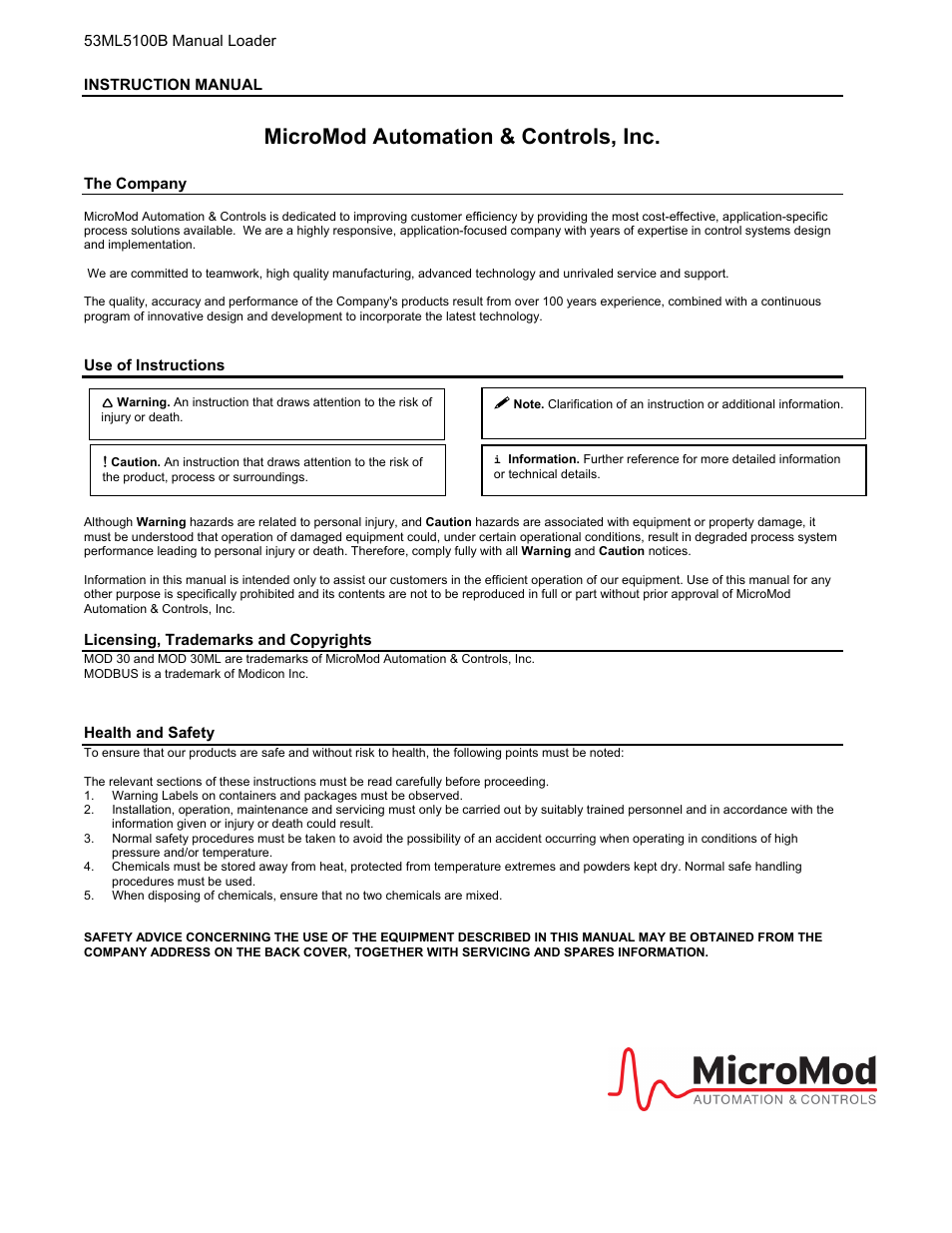 Micromod automation & controls, inc | Micromod Micro-DCI: 53ML5100 Manual Loader User Manual | Page 2 / 49