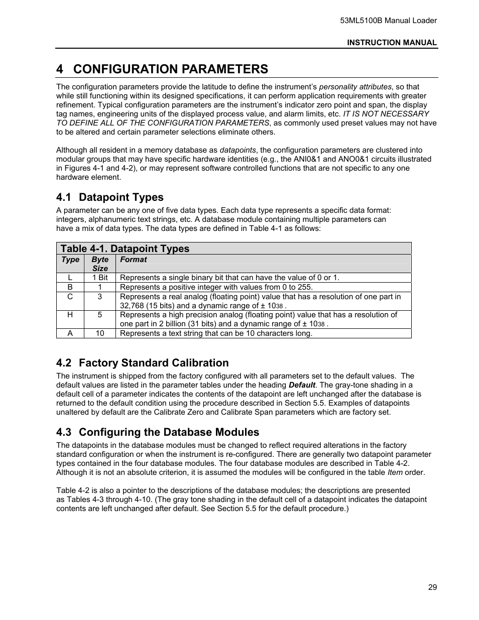 4 configuration parameters, 1 datapoint types, 2 factory standard calibration | 3 configuring the database modules, Configuration parameters, Atapoint, Ypes, Actory, Tandard, Alibration | Micromod Micro-DCI: 53ML5100 Manual Loader User Manual | Page 33 / 49