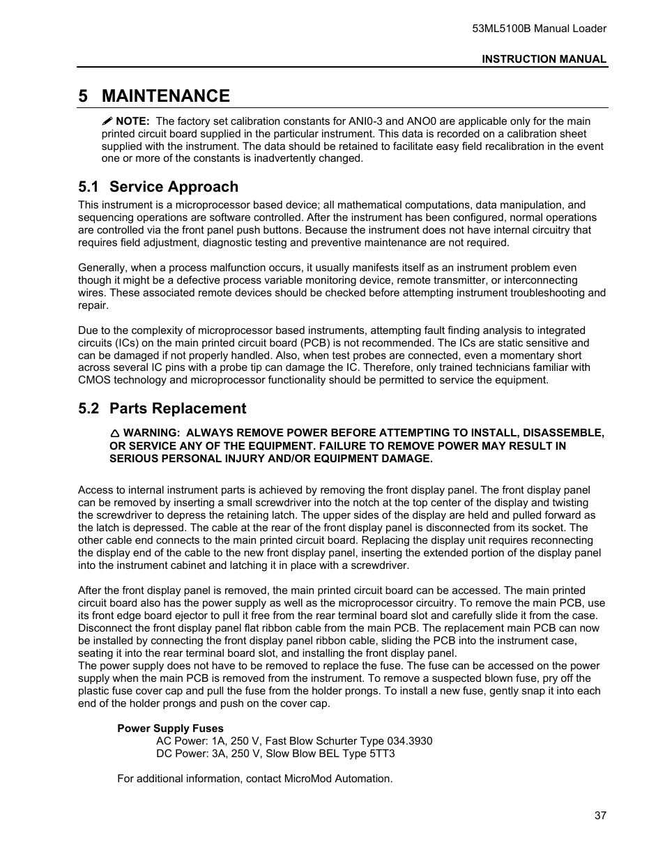 5 maintenance, 1 service approach, 2 parts replacement | Maintenance, Ervice, Pproach, Arts, Eplacement | Micromod Micro-DCI: 53ML5100 Manual Loader User Manual | Page 41 / 49