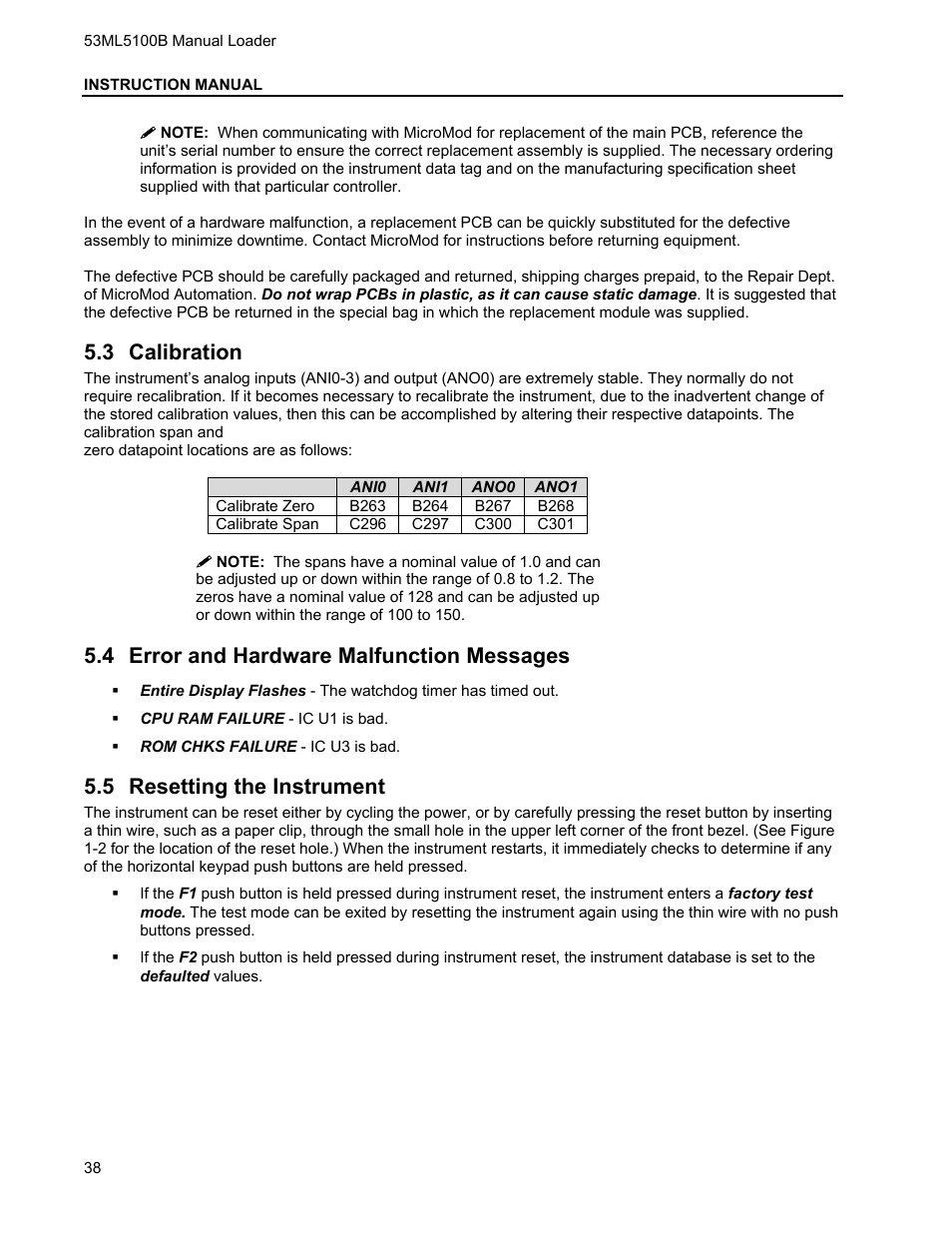 3 calibration, 4 error and hardware malfunction messages, 5 resetting the instrument | Alibration, Rror and, Ardware, Alfunction, Essages, Esetting the, Nstrument | Micromod Micro-DCI: 53ML5100 Manual Loader User Manual | Page 42 / 49