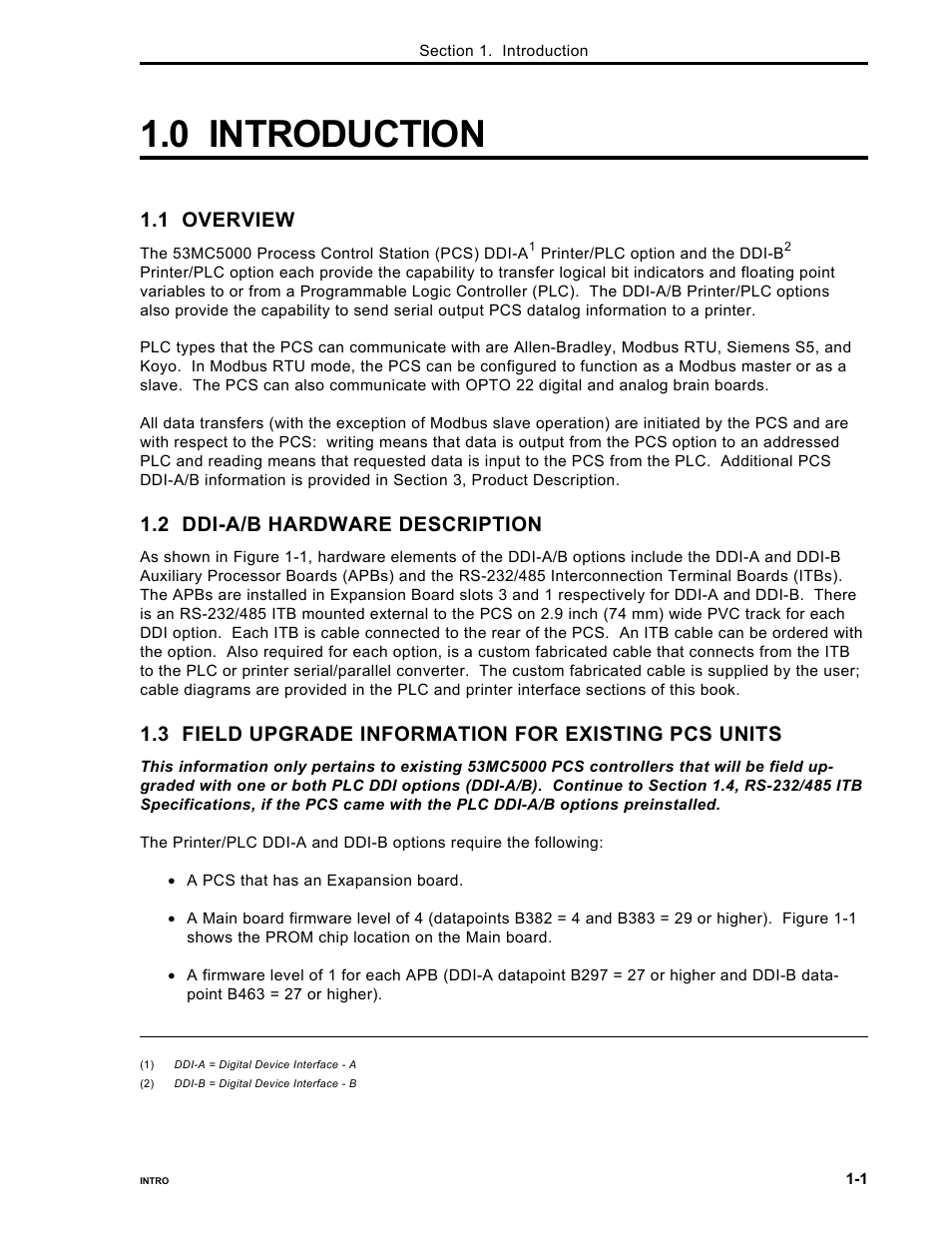 0 introduction, 1 overview, 2 ddi-a/b hardware description | 3 field upgrade information for existing pcs units | Micromod Micro-DCI: 53MC5000 PLC AND PRINTER INTERFACES User Manual | Page 11 / 124
