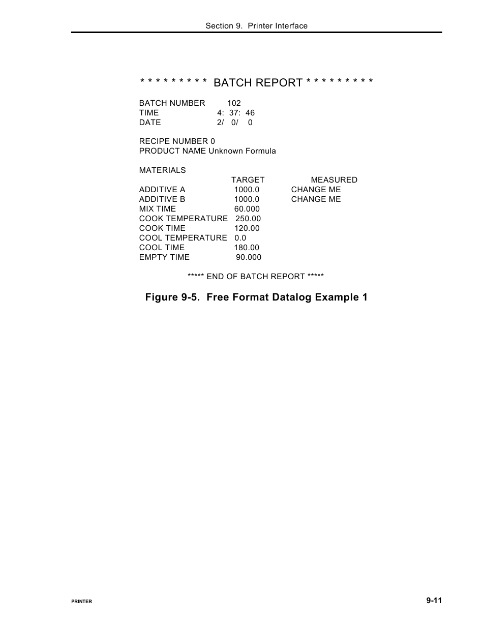Batch report, Figure 9-5. free format datalog example 1 | Micromod Micro-DCI: 53MC5000 PLC AND PRINTER INTERFACES User Manual | Page 111 / 124