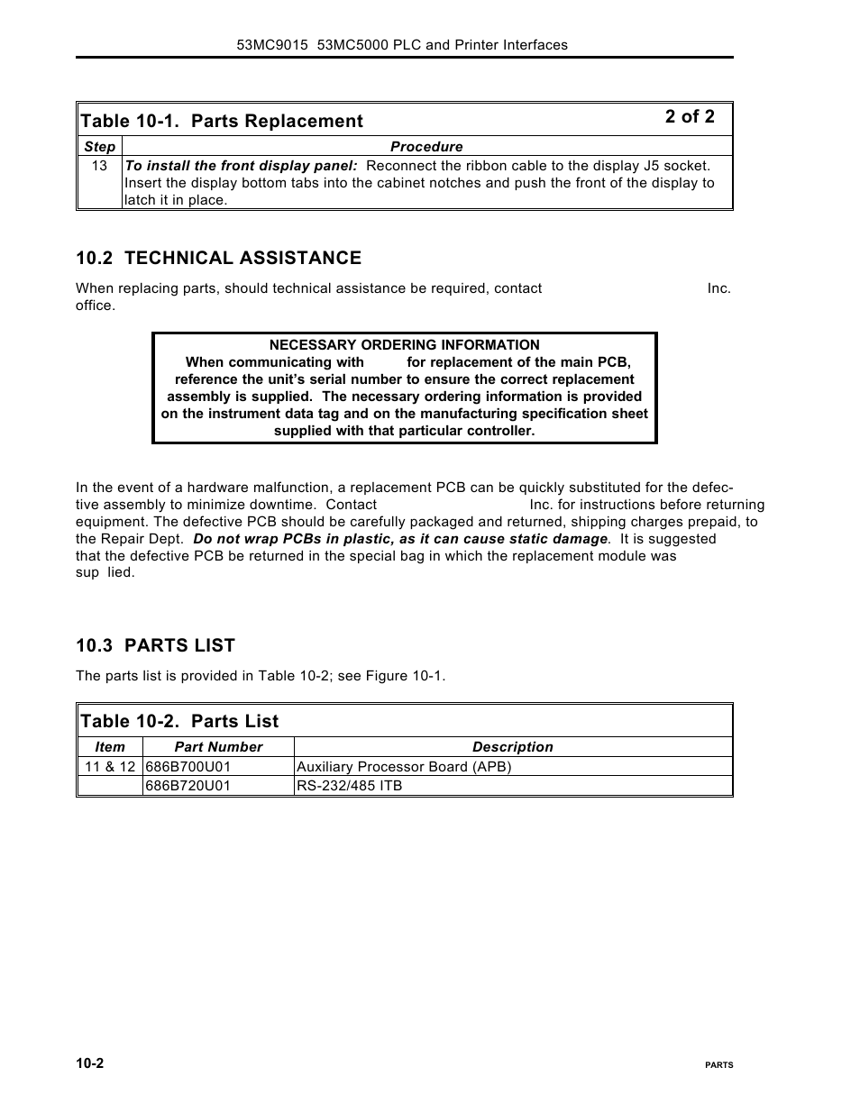 Table 10-1. parts replacement, 2 technical assistance, 3 parts list | Table 10-2. parts list, 2 of 2 | Micromod Micro-DCI: 53MC5000 PLC AND PRINTER INTERFACES User Manual | Page 116 / 124
