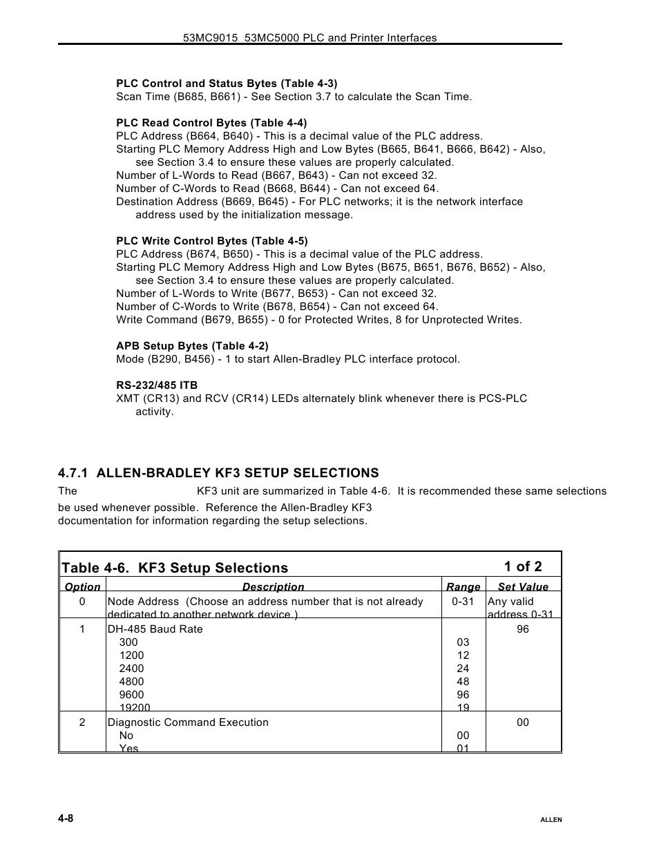 Table 4-6. kf3 setup selections, 1 of 2 | Micromod Micro-DCI: 53MC5000 PLC AND PRINTER INTERFACES User Manual | Page 42 / 124