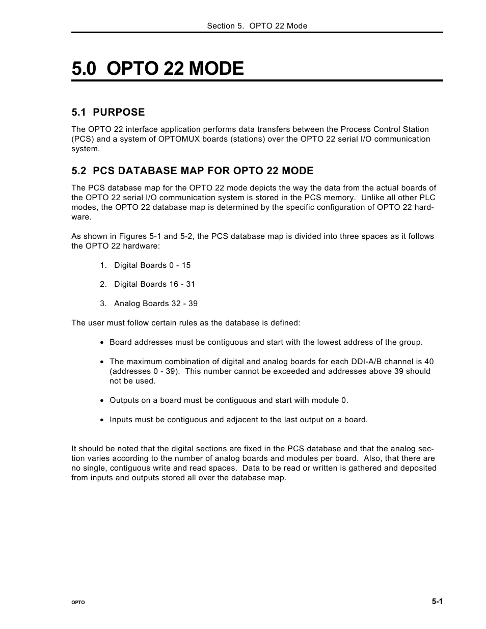 0 opto 22 mode, 1 purpose, 2 pcs database map for opto 22 mode | Micromod Micro-DCI: 53MC5000 PLC AND PRINTER INTERFACES User Manual | Page 47 / 124