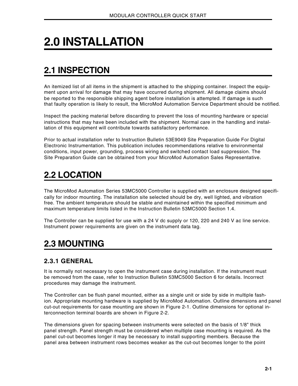 0 installation, 1 inspection, 2 location | 3 mounting | Micromod Micro-DCI: 53MC5000 Multi-Loop Process Controller Installation User Manual | Page 11 / 99