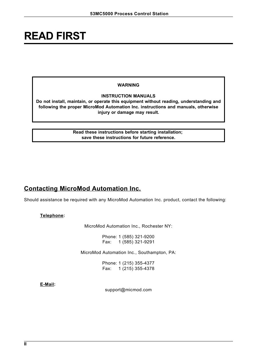 Read first, Contacting micromod automation inc | Micromod Micro-DCI: 53MC5000 Multi-Loop Process Controller Installation User Manual | Page 5 / 99