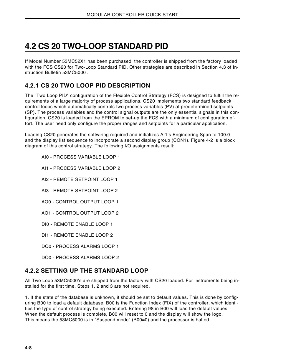 2 cs 20 two-loop standard pid, 1 cs 20 two loop pid description, 2 setting up the standard loop | Micromod Micro-DCI: 53MC5000 Multi-Loop Process Controller Installation User Manual | Page 78 / 99