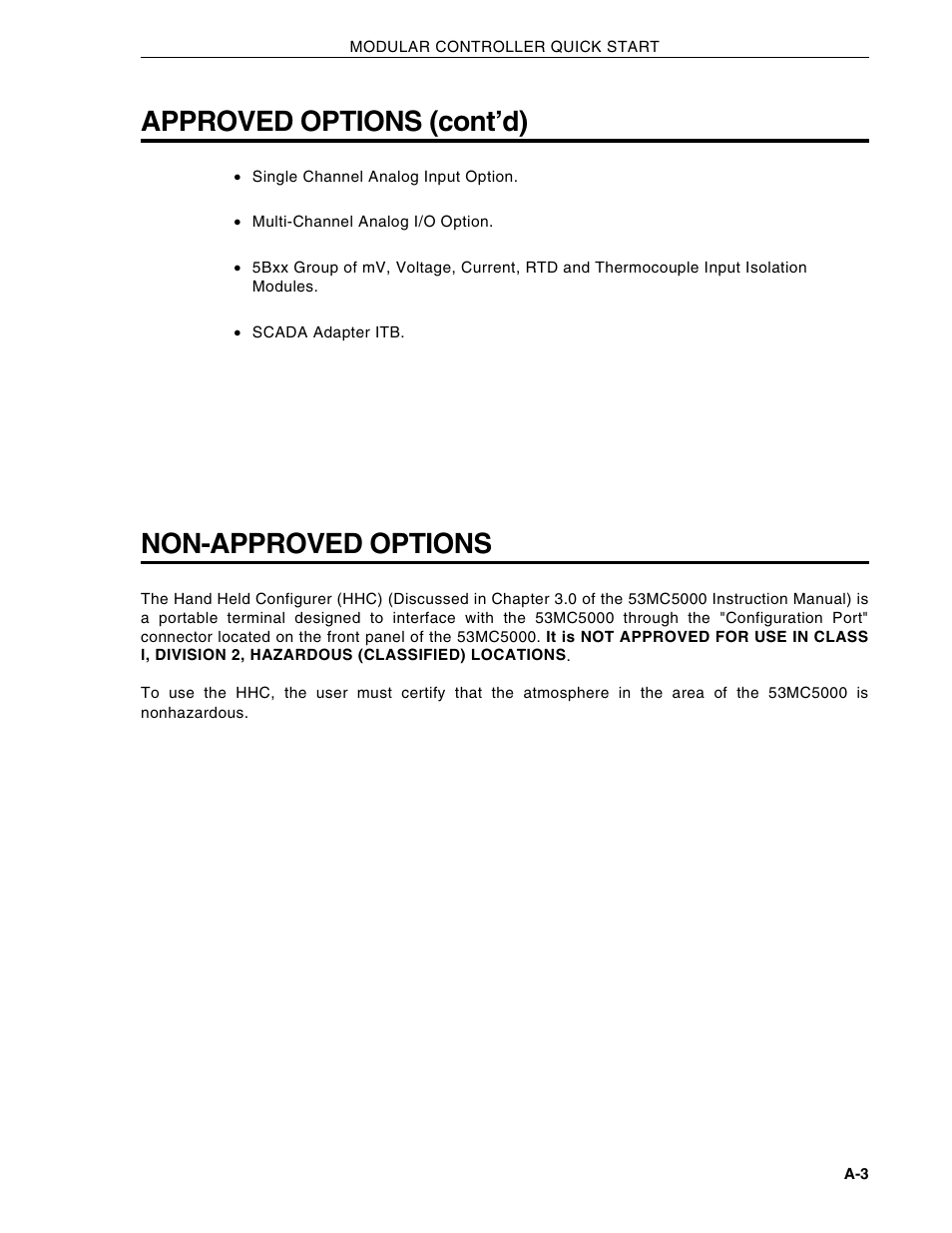 Non-approved options, Approved options (cont’d) | Micromod Micro-DCI: 53MC5000 Multi-Loop Process Controller Installation User Manual | Page 86 / 99