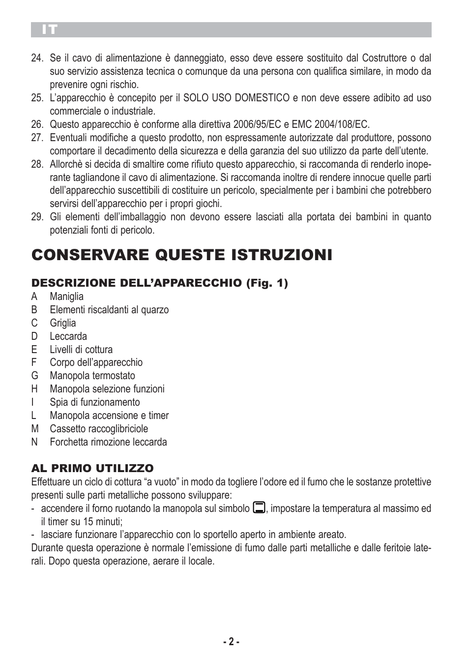 Conservare queste istruzioni | ARIETE Bon Cuisine 210 User Manual | Page 4 / 46