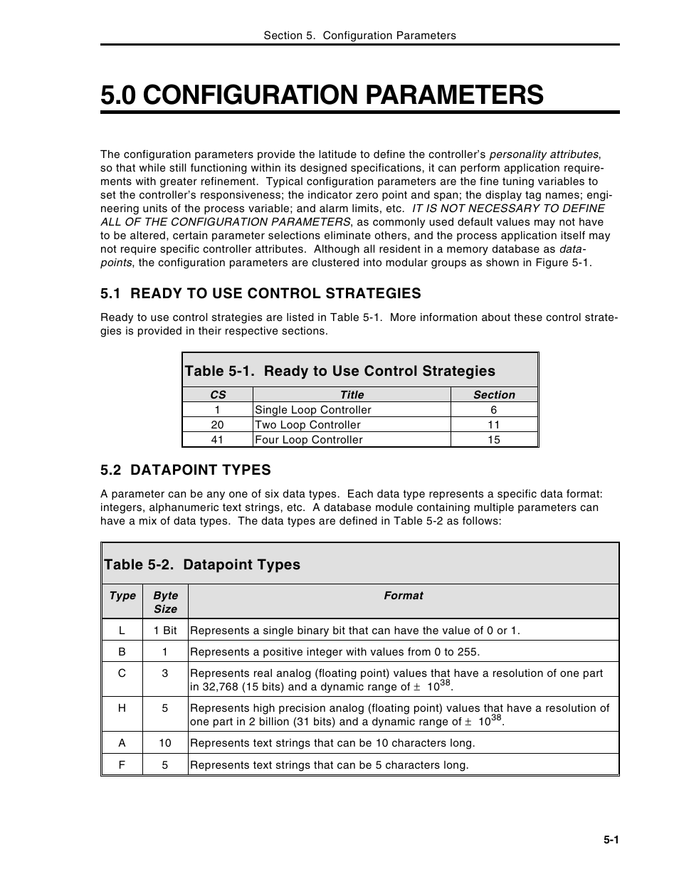 0 configuration parameters, 1 ready to use control strategies, Table 5-1. ready to use control strategies | 2 datapoint types, Table 5-2. datapoint types | Micromod Micro-DCI: 53MC5000 Multi-Loop Process Controller Instruction Manual User Manual | Page 146 / 406