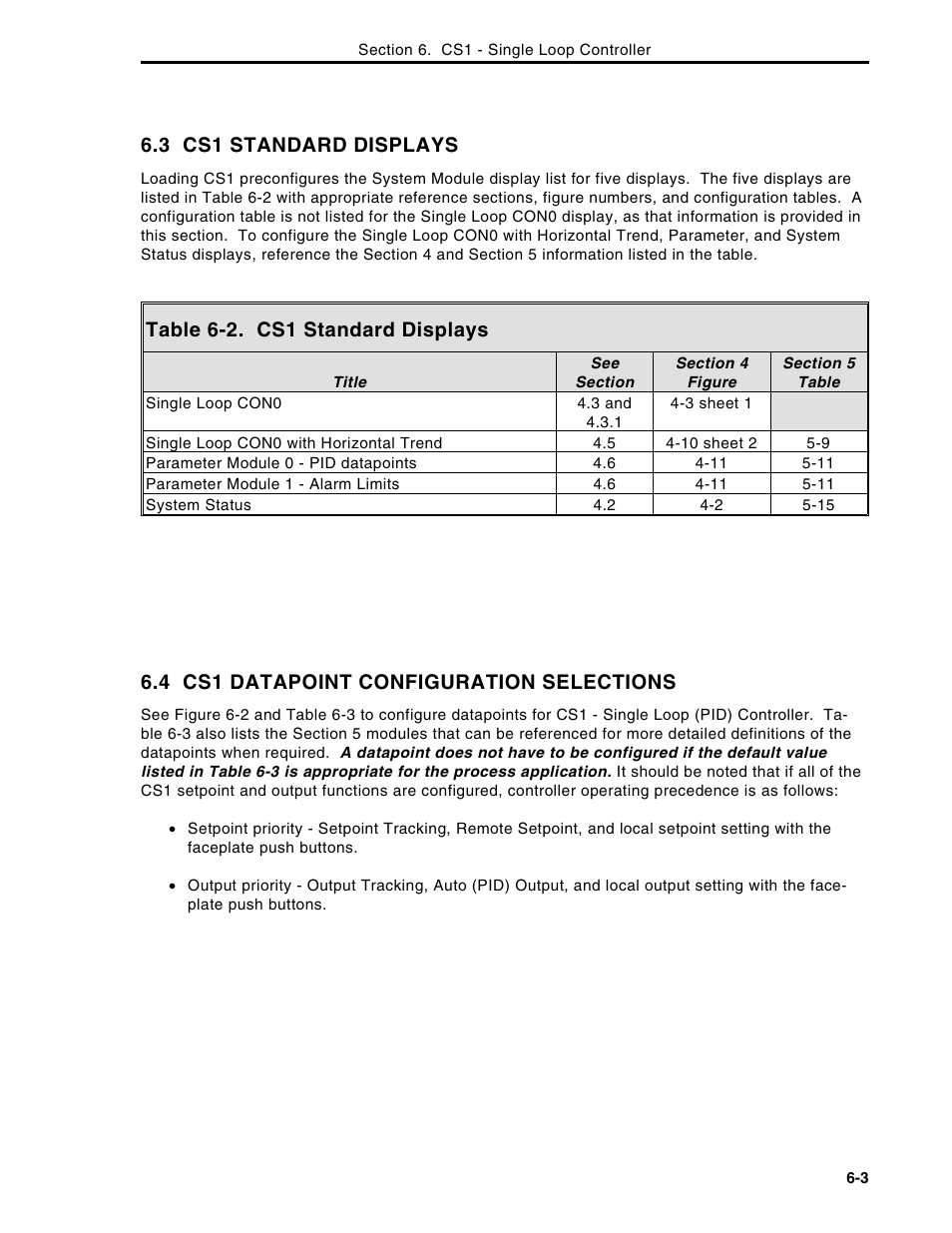 3 cs1 standard displays, Table 6-2. cs1 standard displays, 4 cs1 datapoint configuration selections | Micromod Micro-DCI: 53MC5000 Multi-Loop Process Controller Instruction Manual User Manual | Page 188 / 406
