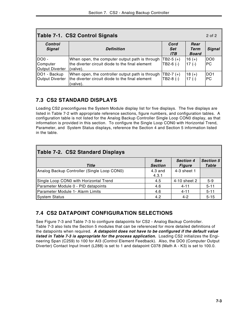 Table 7-1. cs2 control signals, 3 cs2 standard displays, Table 7-2. cs2 standard displays | 4 cs2 datapoint configuration selections | Micromod Micro-DCI: 53MC5000 Multi-Loop Process Controller Instruction Manual User Manual | Page 198 / 406
