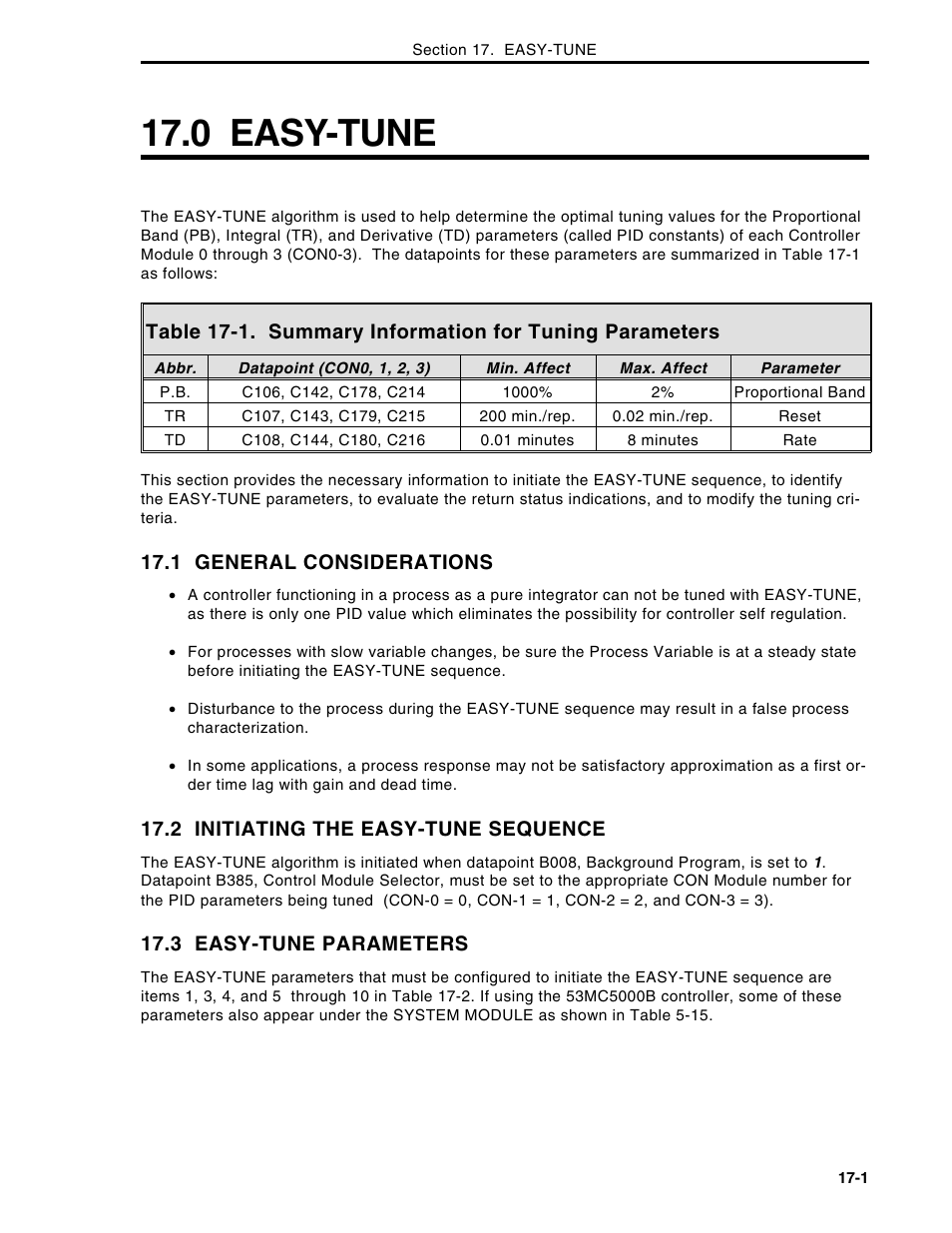 0 easy-tune, 1 general considerations, 2 initiating the easy-tune sequence | 3 easy-tune parameters | Micromod Micro-DCI: 53MC5000 Multi-Loop Process Controller Instruction Manual User Manual | Page 302 / 406