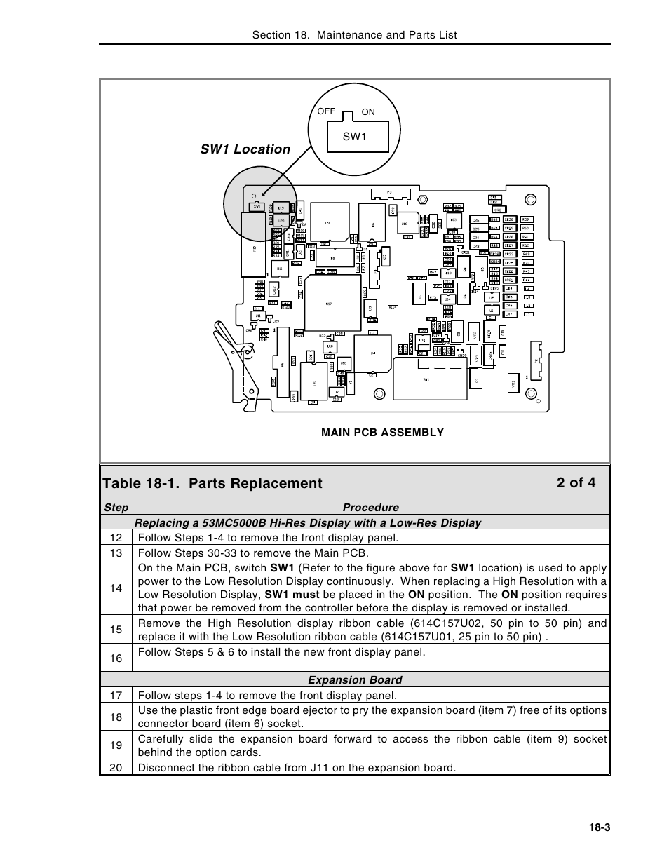 Table 18-1. parts replacement, 2 of 4, Sw1 location | Micromod Micro-DCI: 53MC5000 Multi-Loop Process Controller Instruction Manual User Manual | Page 312 / 406