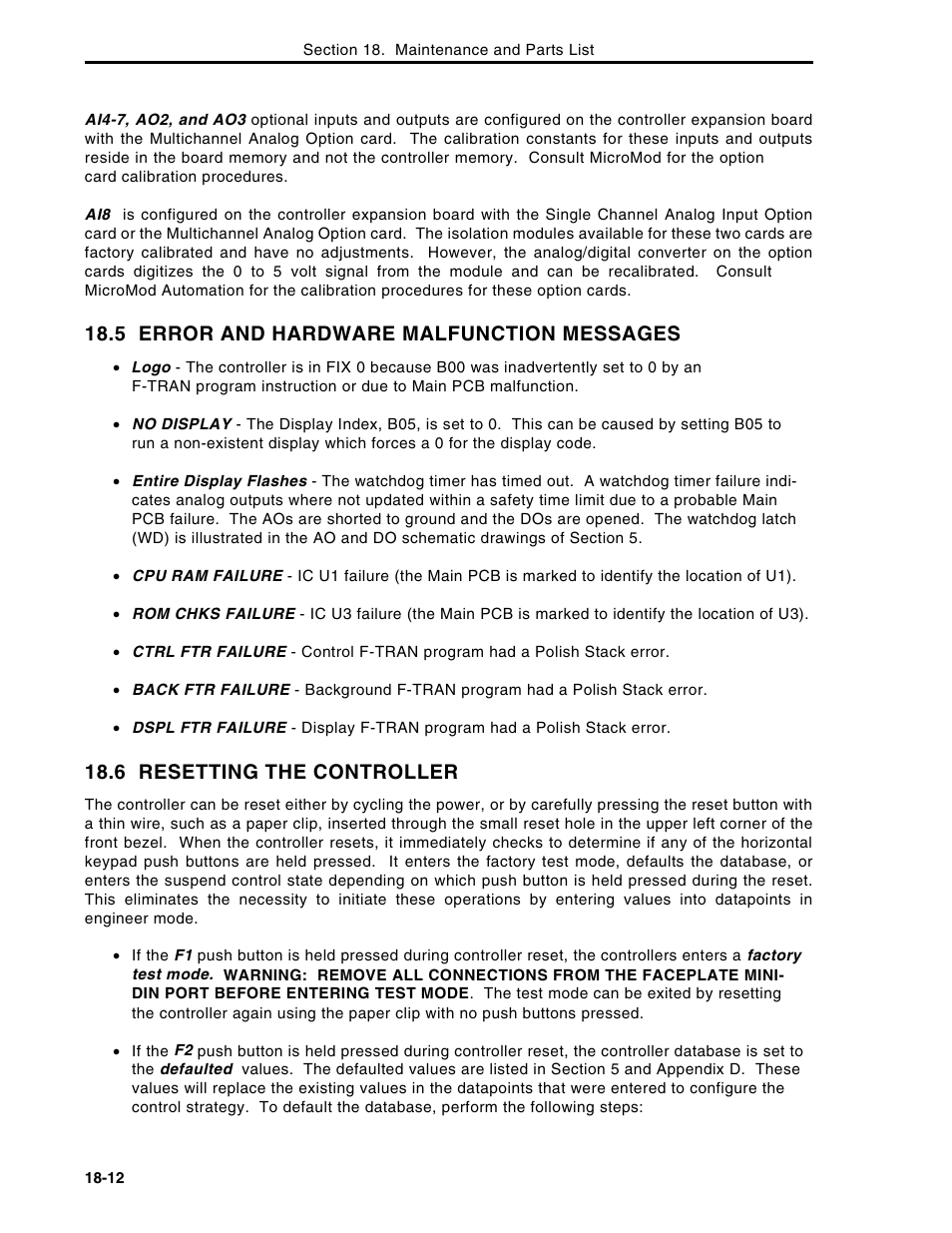 5 error and hardware malfunction messages, 6 resetting the controller | Micromod Micro-DCI: 53MC5000 Multi-Loop Process Controller Instruction Manual User Manual | Page 321 / 406