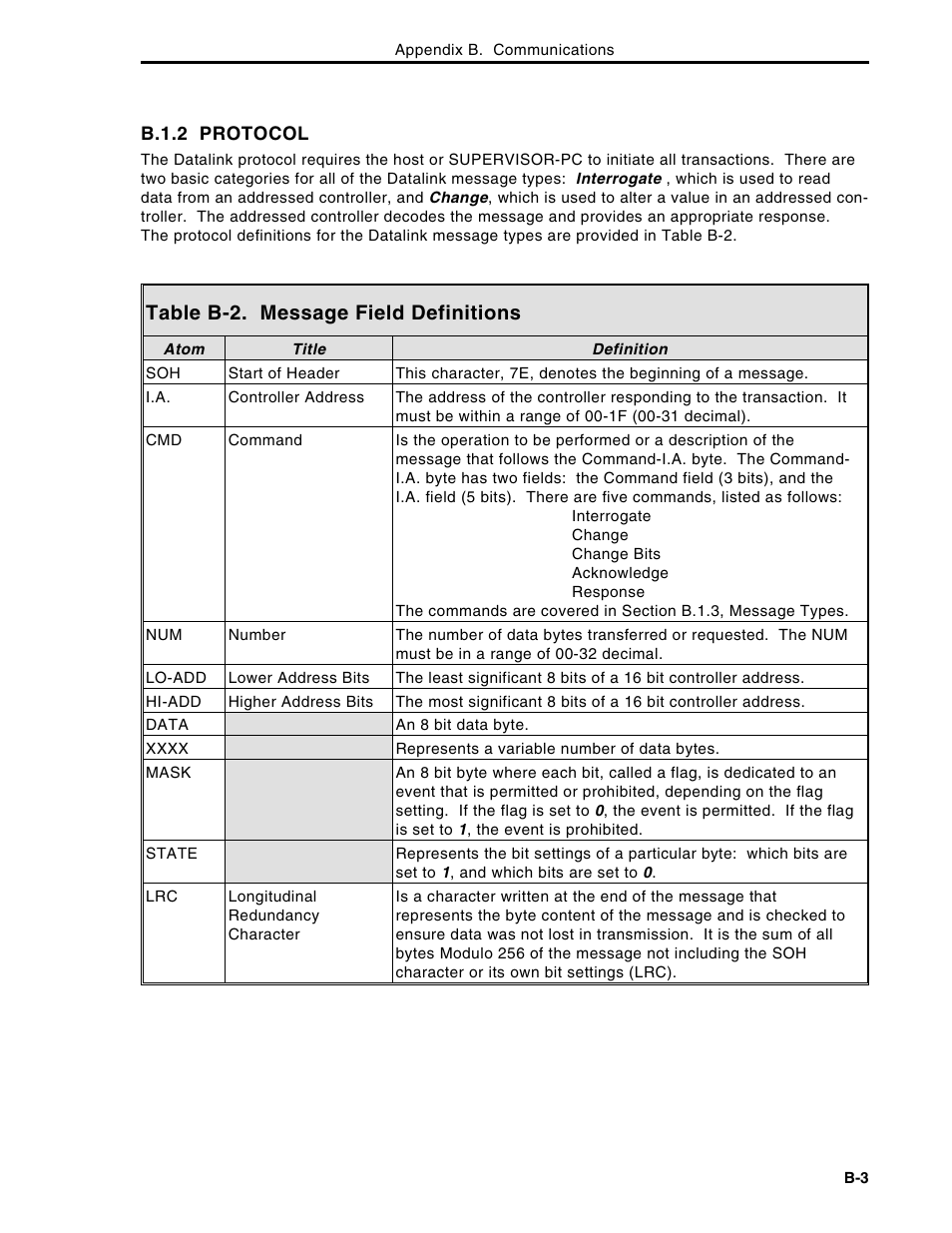 Table b-2. message field definitions | Micromod Micro-DCI: 53MC5000 Multi-Loop Process Controller Instruction Manual User Manual | Page 342 / 406