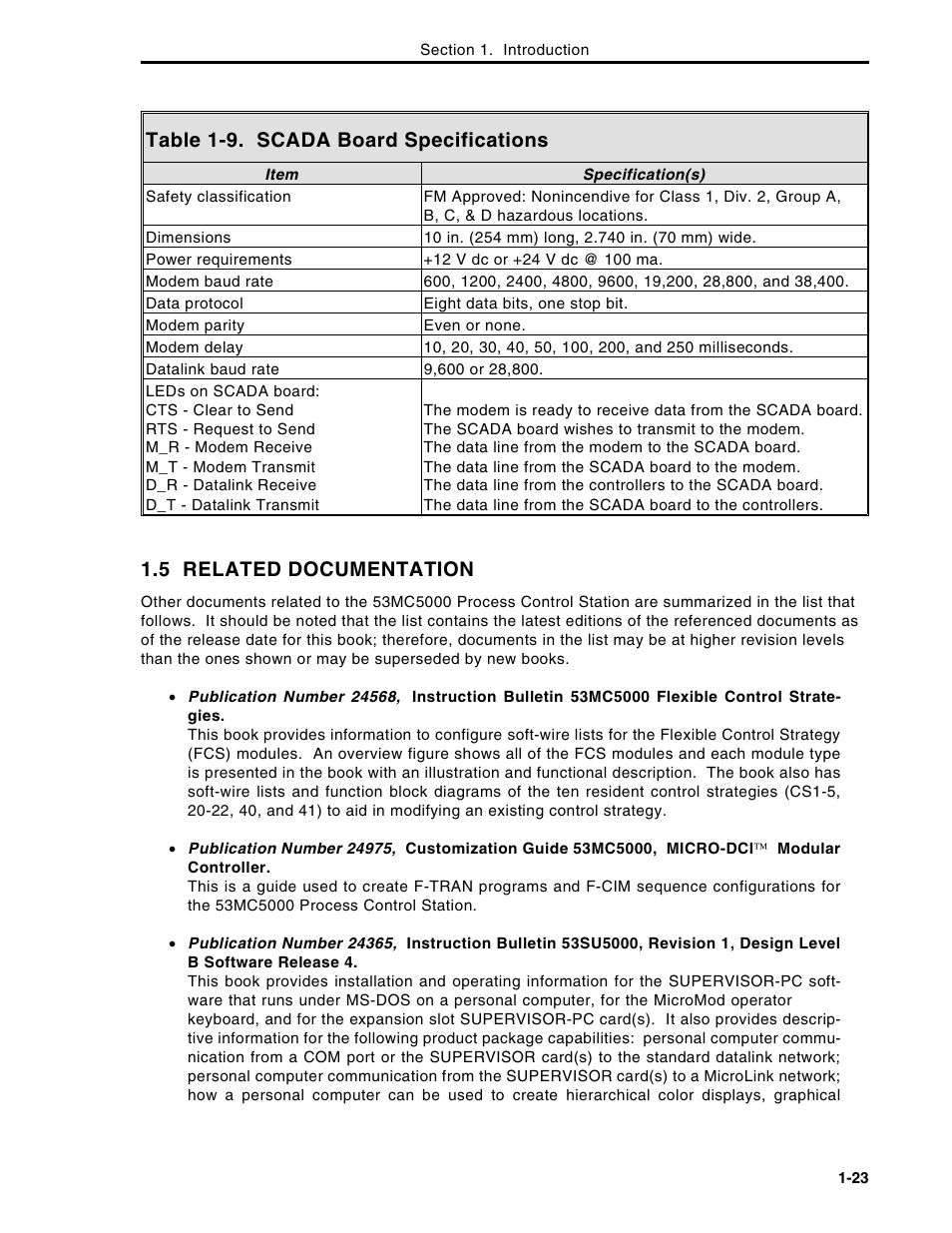 Table 1-9. scada board specifications, 5 related documentation | Micromod Micro-DCI: 53MC5000 Multi-Loop Process Controller Instruction Manual User Manual | Page 37 / 406