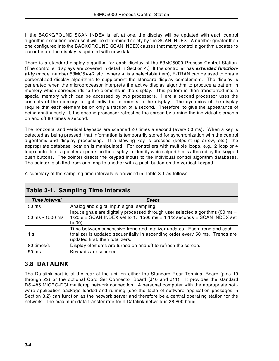 Table 3-1. sampling time intervals, 8 datalink | Micromod Micro-DCI: 53MC5000 Multi-Loop Process Controller Instruction Manual User Manual | Page 87 / 406