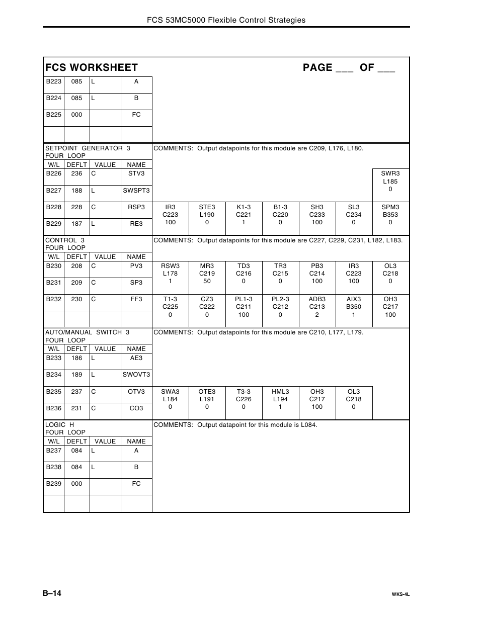 Fcs worksheet page ___ of | Micromod Micro-DCI: 53MC5000 Multi-Loop Process Controller FLEXIBLE CONTROL STRATEGIES User Manual | Page 198 / 201