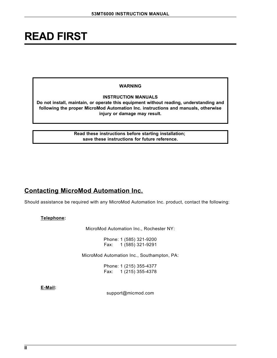 Read first, Contacting micromod automation inc | Micromod Micro-DCI: 53MC5000 Multi-Loop Process Controller FLEXIBLE CONTROL STRATEGIES User Manual | Page 6 / 201