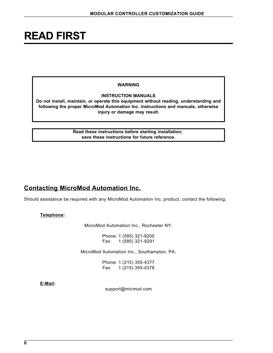 Read first, Contacting micromod automation inc | Micromod Micro-DCI: 53MC5000 Multi-Loop Process Controller CUSTOMIZATION GUIDE User Manual | Page 5 / 123