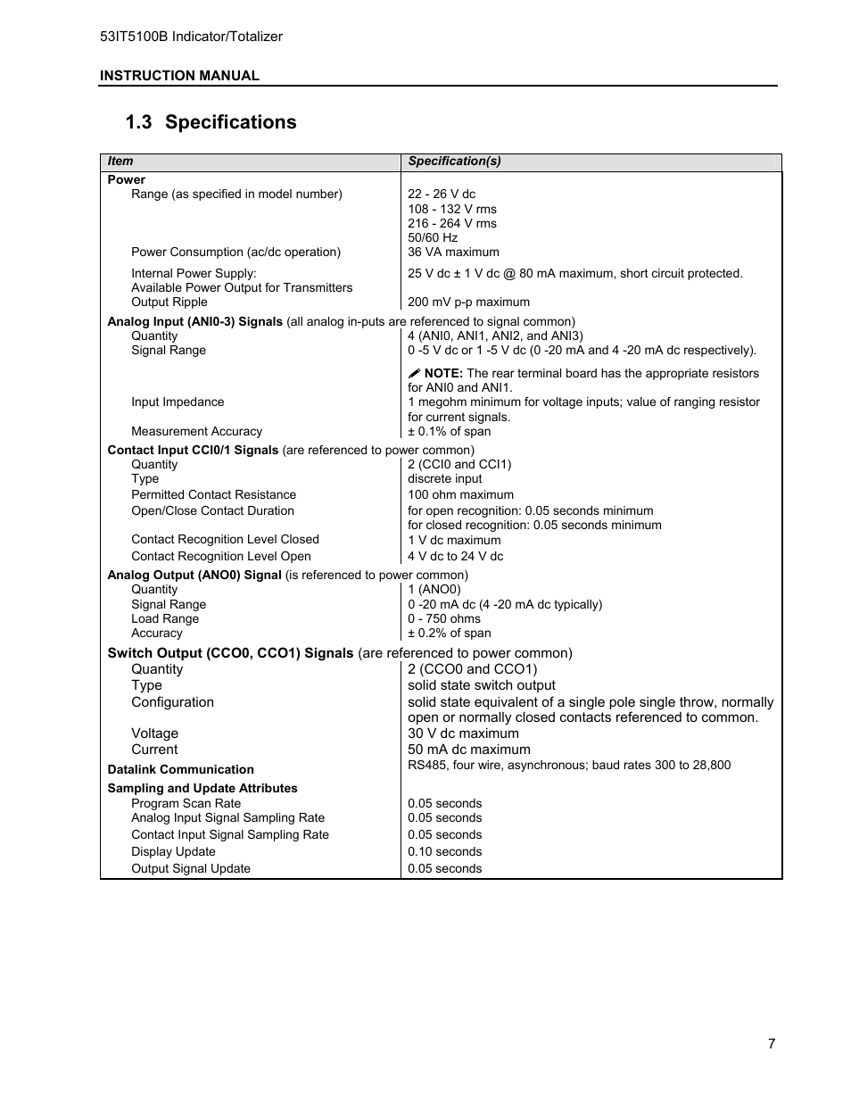 3 specifications, Pecifications | Micromod Micro-DCI: 53IT5100B Micro-DCI 4-Channel Indicator Totalizer User Manual | Page 11 / 71