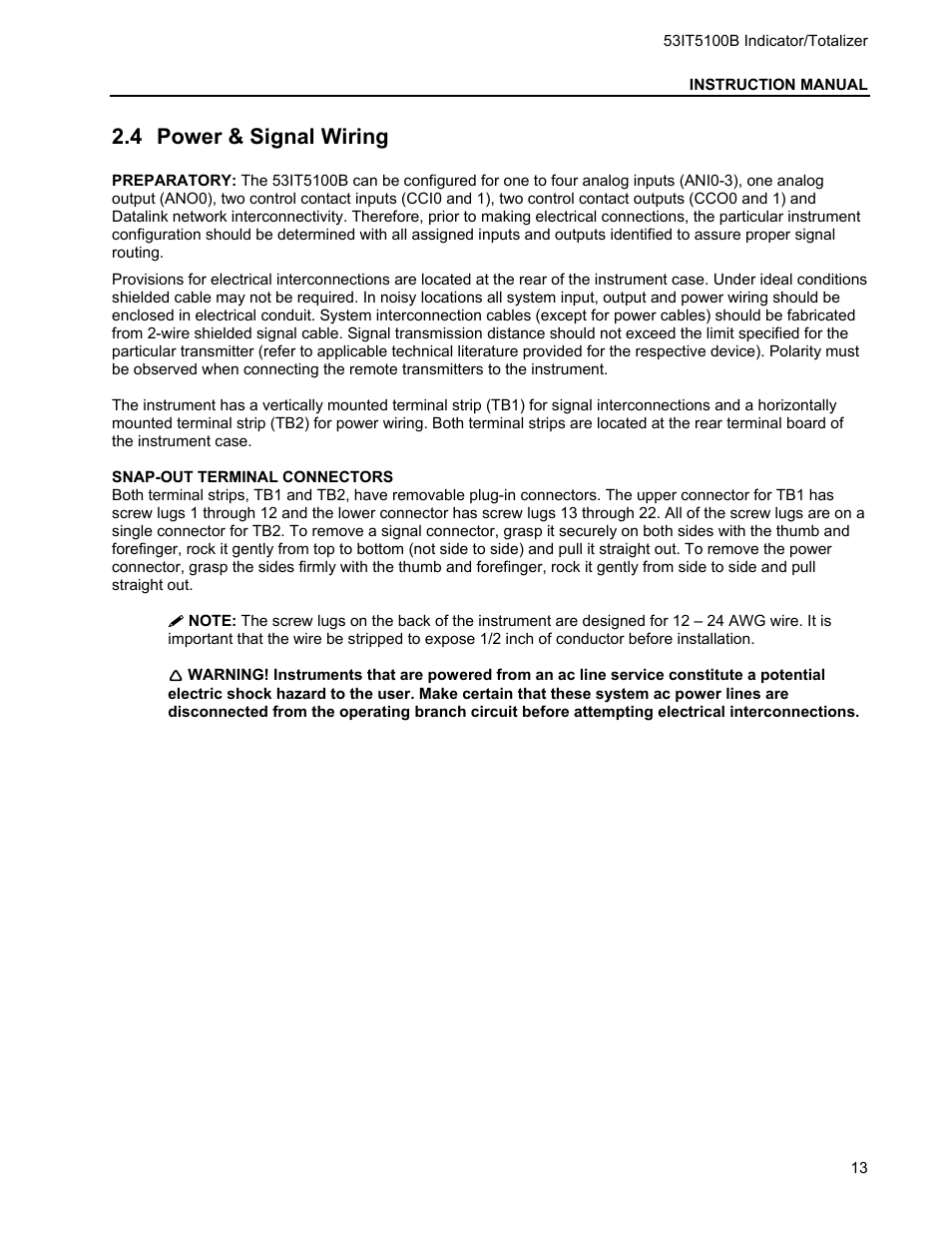 4 power & signal wiring, Ower, Ignal | Iring | Micromod Micro-DCI: 53IT5100B Micro-DCI 4-Channel Indicator Totalizer User Manual | Page 17 / 71