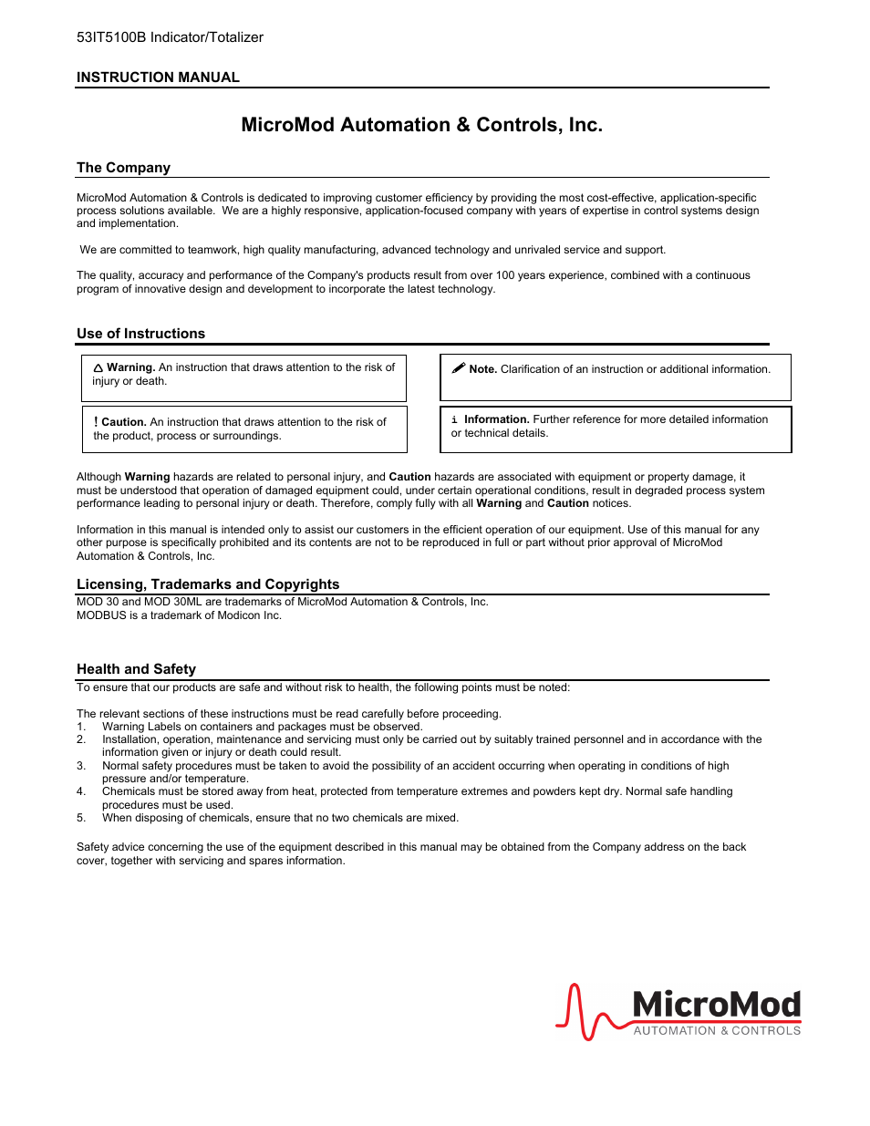 Micromod automation & controls, inc | Micromod Micro-DCI: 53IT5100B Micro-DCI 4-Channel Indicator Totalizer User Manual | Page 2 / 71