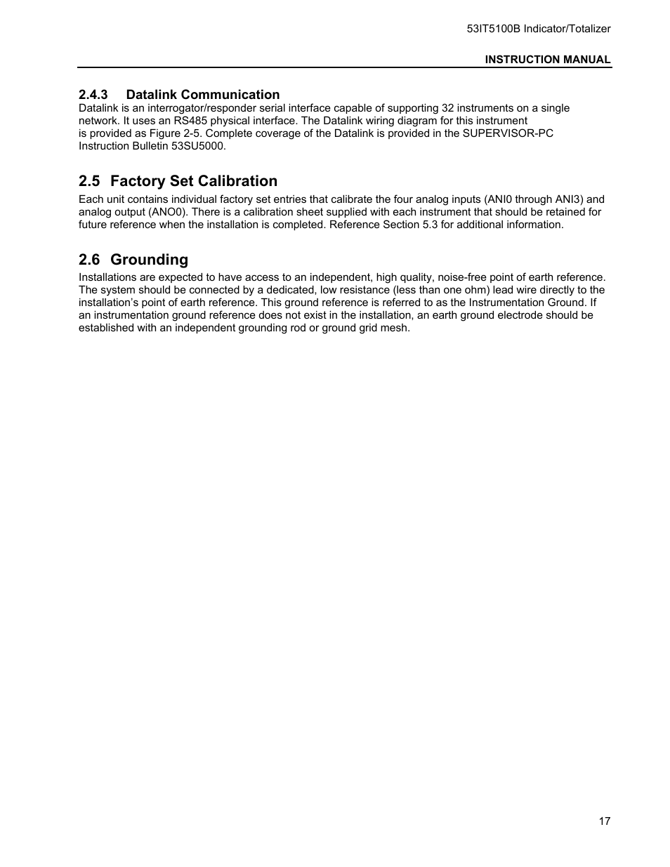 3 datalink communication, 5 factory set calibration, 6 grounding | Datalink communication, Actory, Alibration, Rounding | Micromod Micro-DCI: 53IT5100B Micro-DCI 4-Channel Indicator Totalizer User Manual | Page 21 / 71