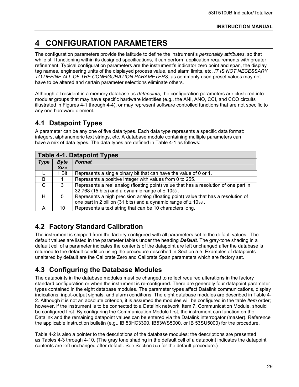4 configuration parameters, 1 datapoint types, 2 factory standard calibration | 3 configuring the database modules, Configuration parameters, Atapoint, Ypes, Actory, Tandard, Alibration | Micromod Micro-DCI: 53IT5100B Micro-DCI 4-Channel Indicator Totalizer User Manual | Page 33 / 71